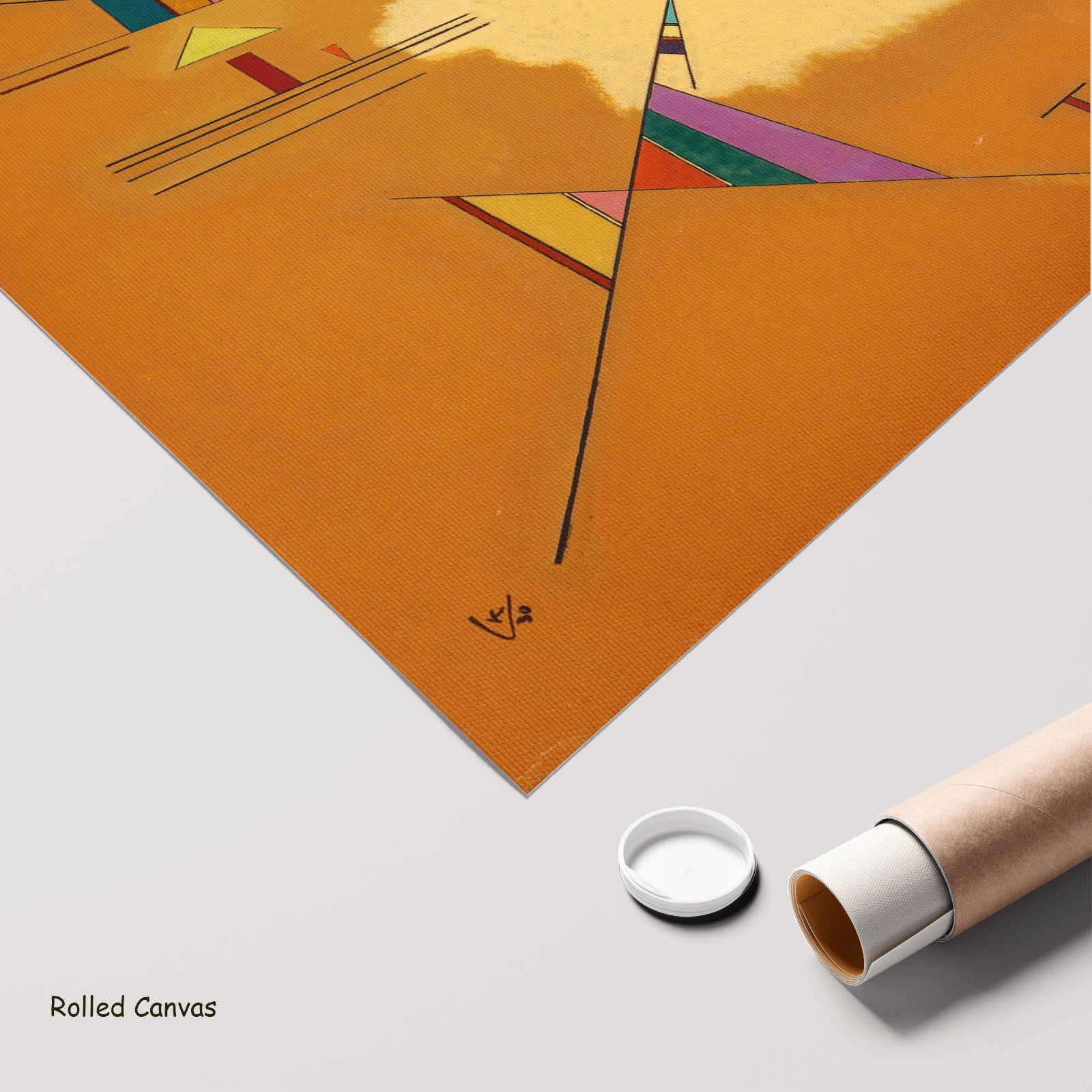 Abstract Composition on Orange by Wassily Kandinsky as a large rolled orange and white Geometric Abstract canvas print