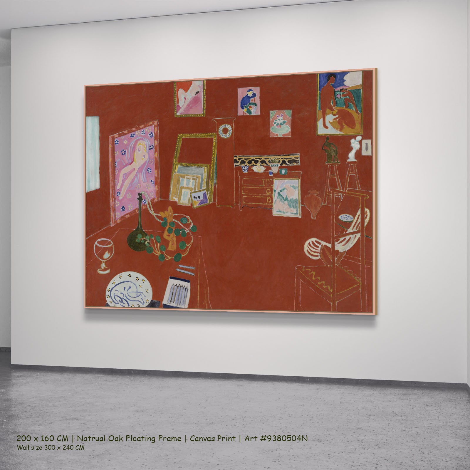 The Red Studio by Henri Matisse in a natural oak floating frame, large red Modern Abstract canvas