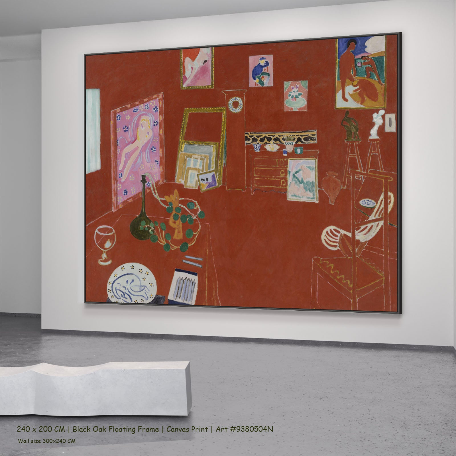 The Red Studio by Henri Matisse in a black oak floating frame, large red Modern Abstract canvas