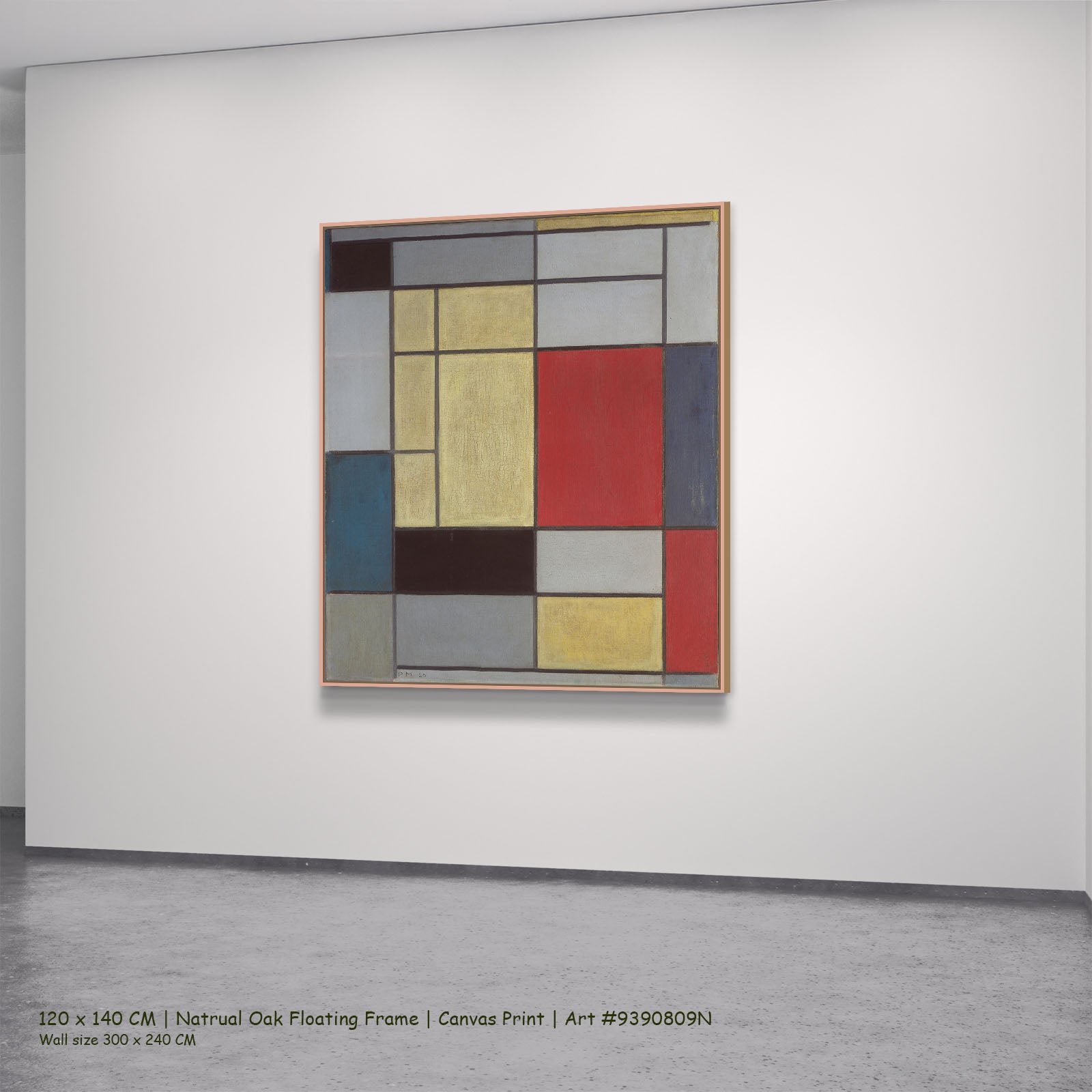 Composition with Red, Blue and Yellow-Green by Piet Mondrian in a natural oak floating frame, large yellow and red Colourful