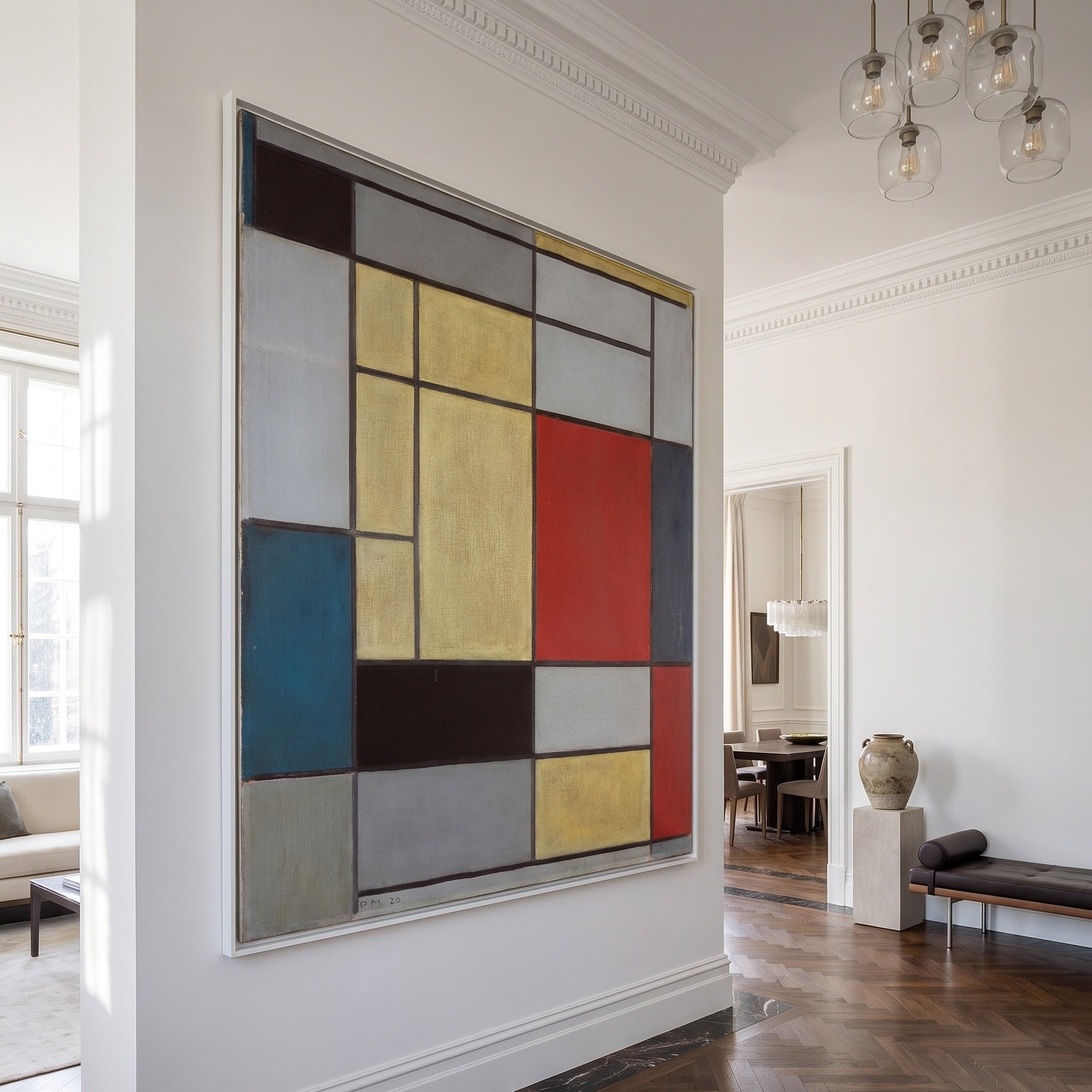 Composition with Red, Blue and Yellow-Green by Piet Mondrian — large yellow and red Colourful Abstract canvas art on a hallwa