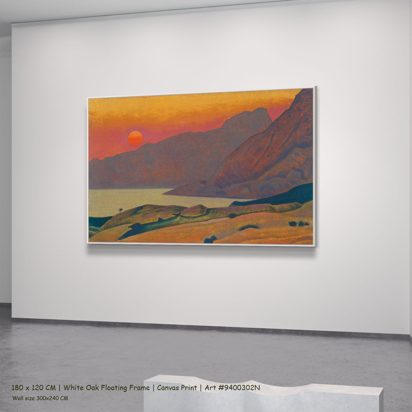 Monhegan, Maine by Nicholas Roerich in a white oak floating frame, large orange and red Symbolist canvas
