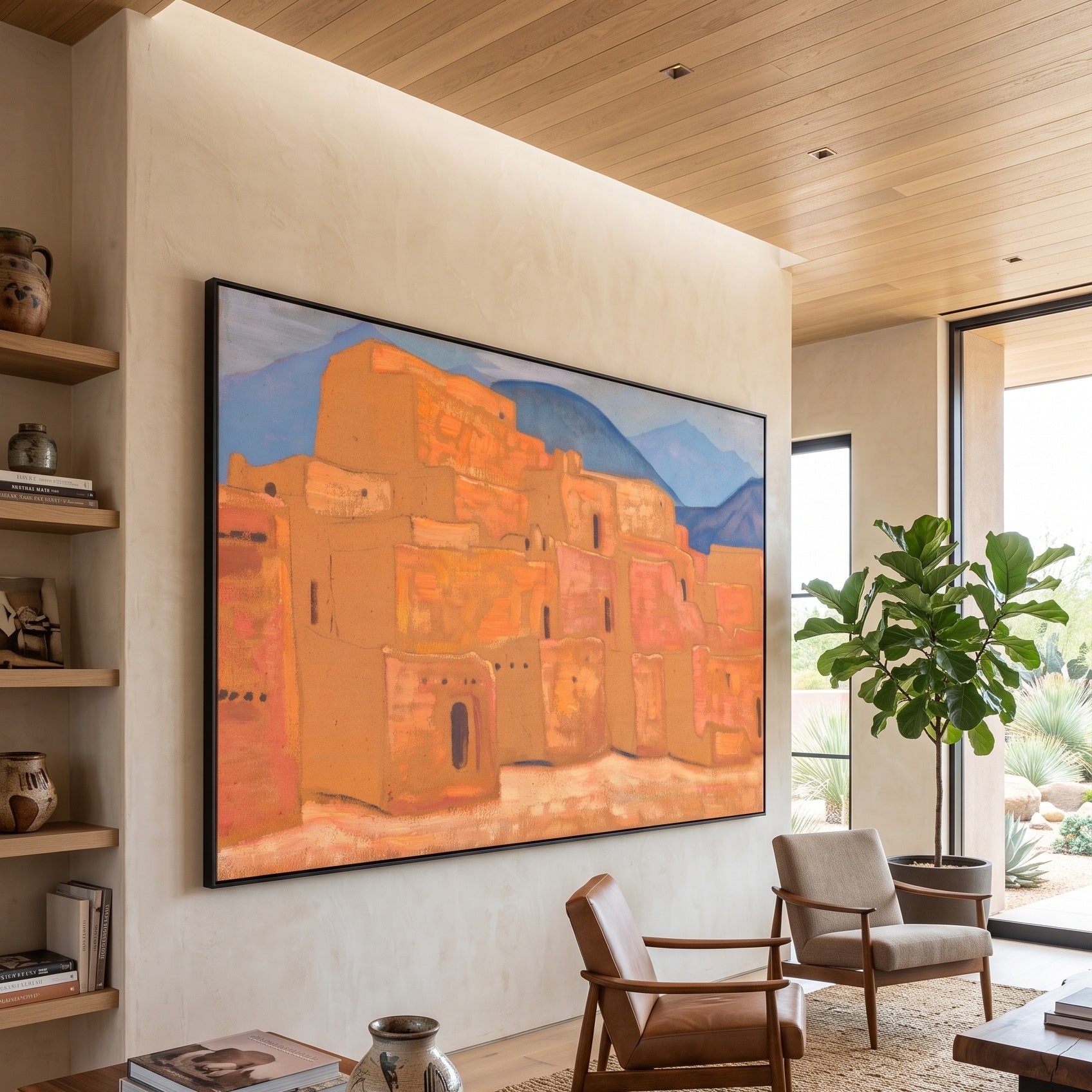 Taos Pueblo, New Mexico by Nicholas Roerich — large orange and blue Symbolist canvas art displayed on a wall