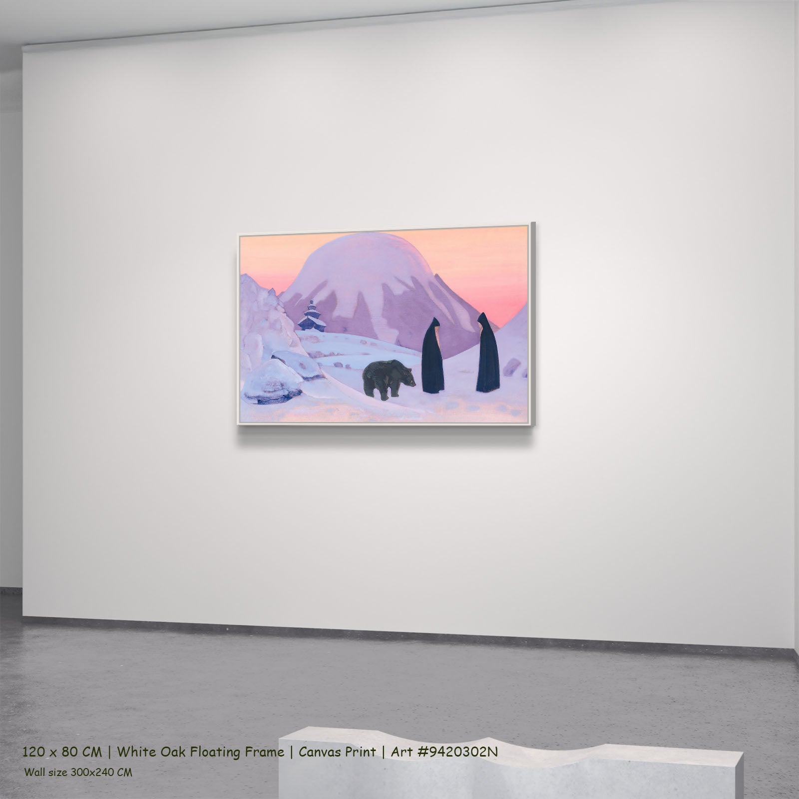 And We Are Not Afraid by Nicholas Roerich in a white oak floating frame, large pink and purple Symbolist canvas