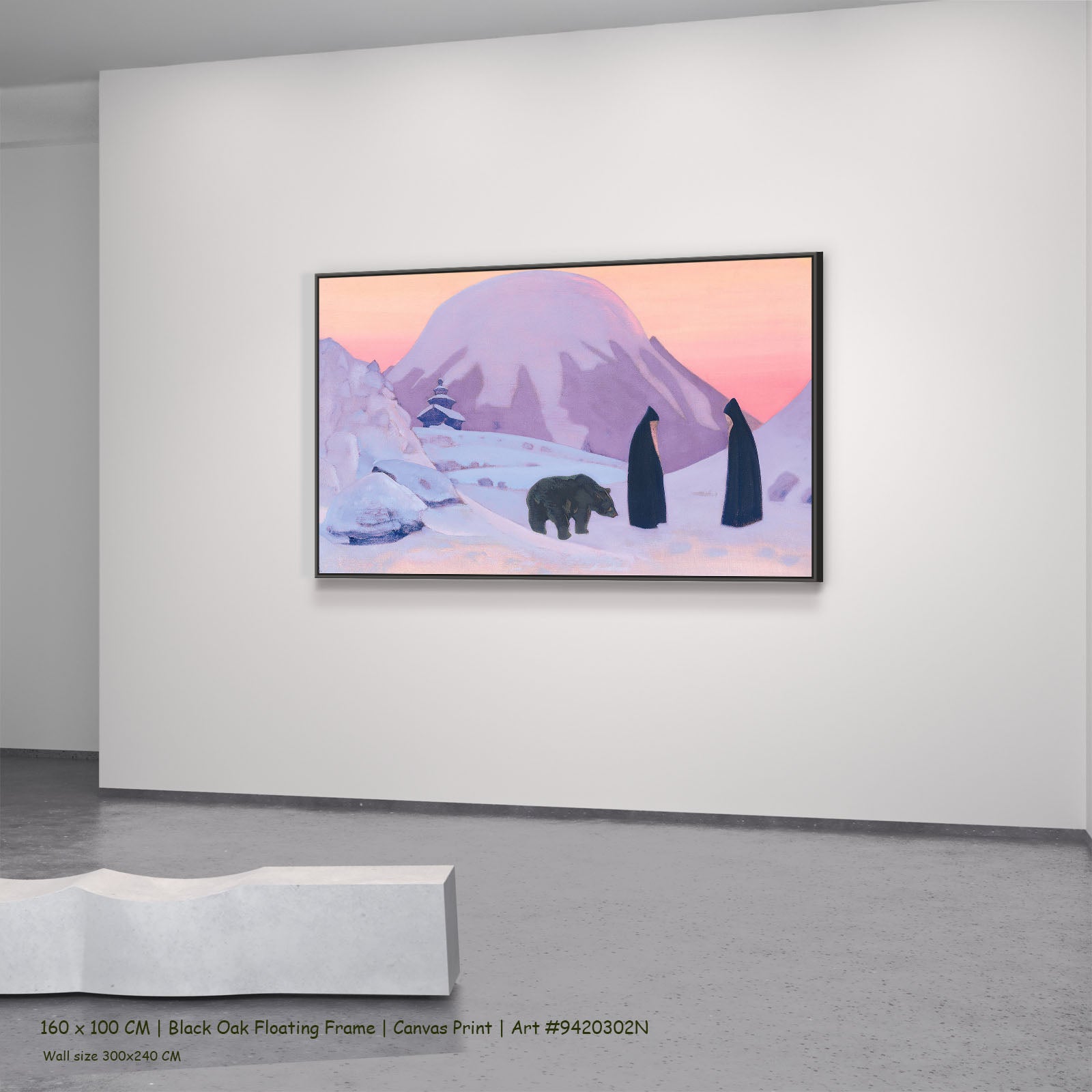 And We Are Not Afraid by Nicholas Roerich in a black oak floating frame, large pink and purple Symbolist canvas