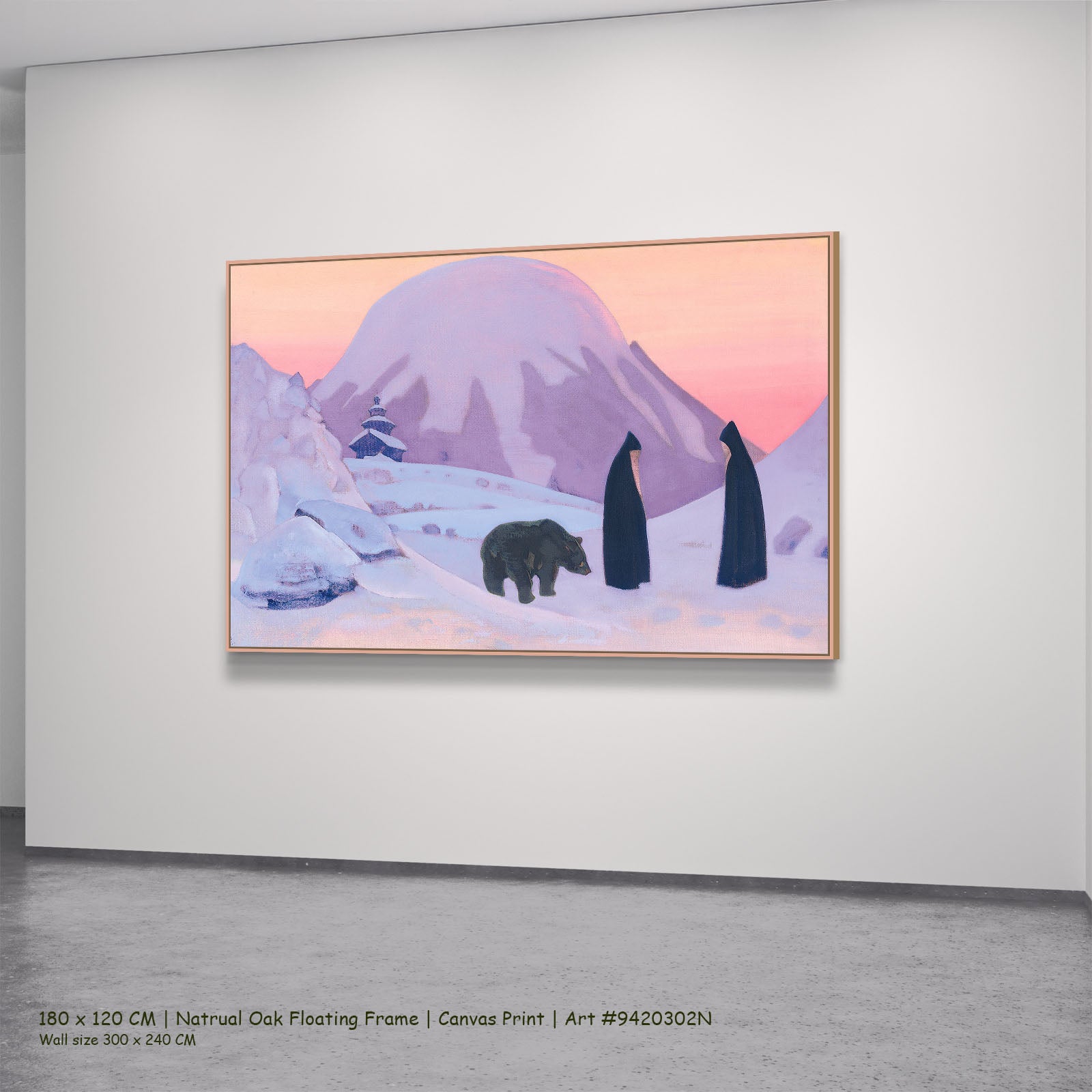 And We Are Not Afraid by Nicholas Roerich in a natural oak floating frame, large pink and purple Symbolist canvas