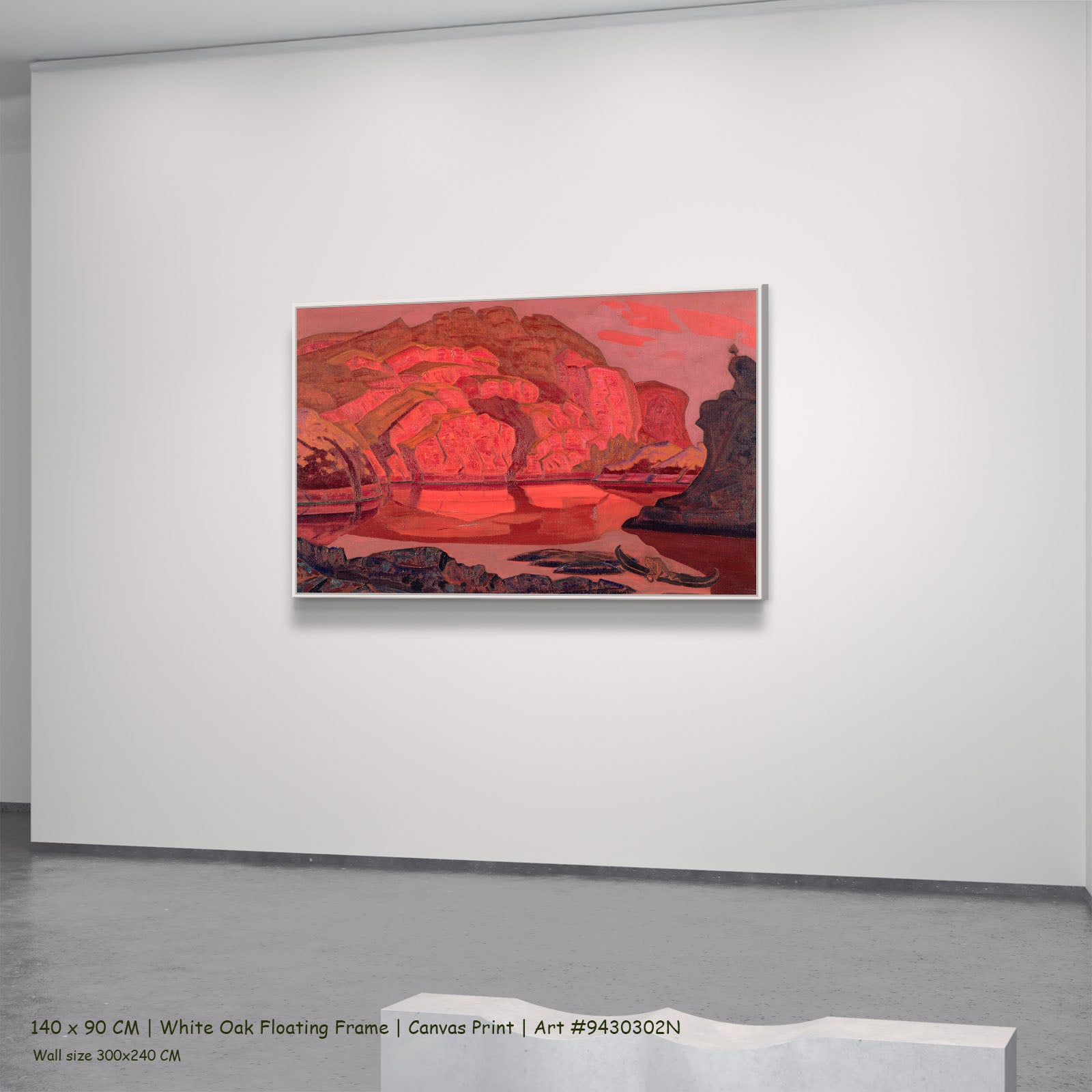 Buried Treasures by Nicholas Roerich in a white oak floating frame, large red and pink Symbolist canvas