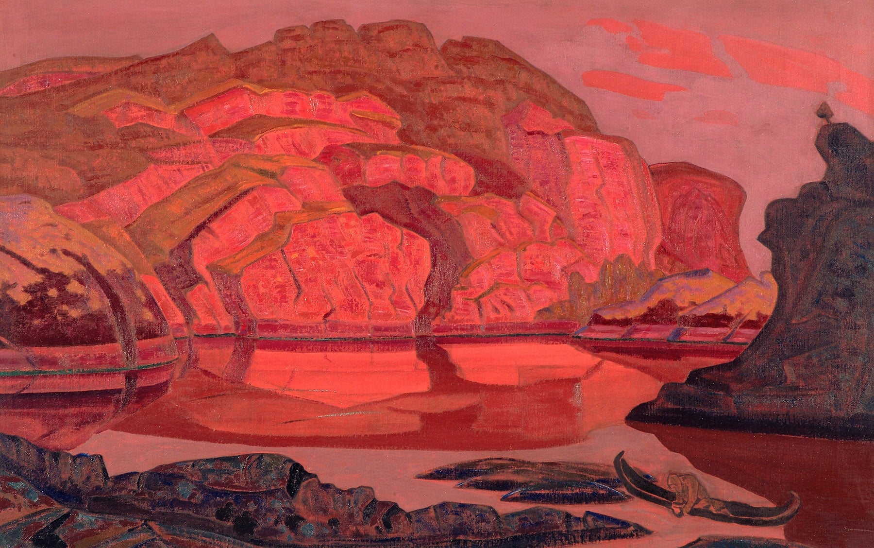 Large red and pink Symbolist canvas print of Buried Treasures by Nicholas Roerich
