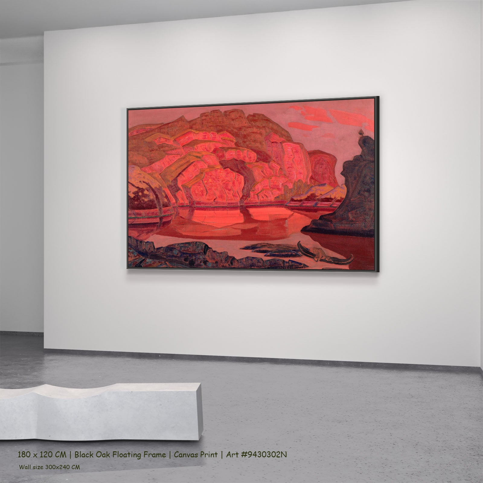 Buried Treasures by Nicholas Roerich in a black oak floating frame, large red and pink Symbolist canvas