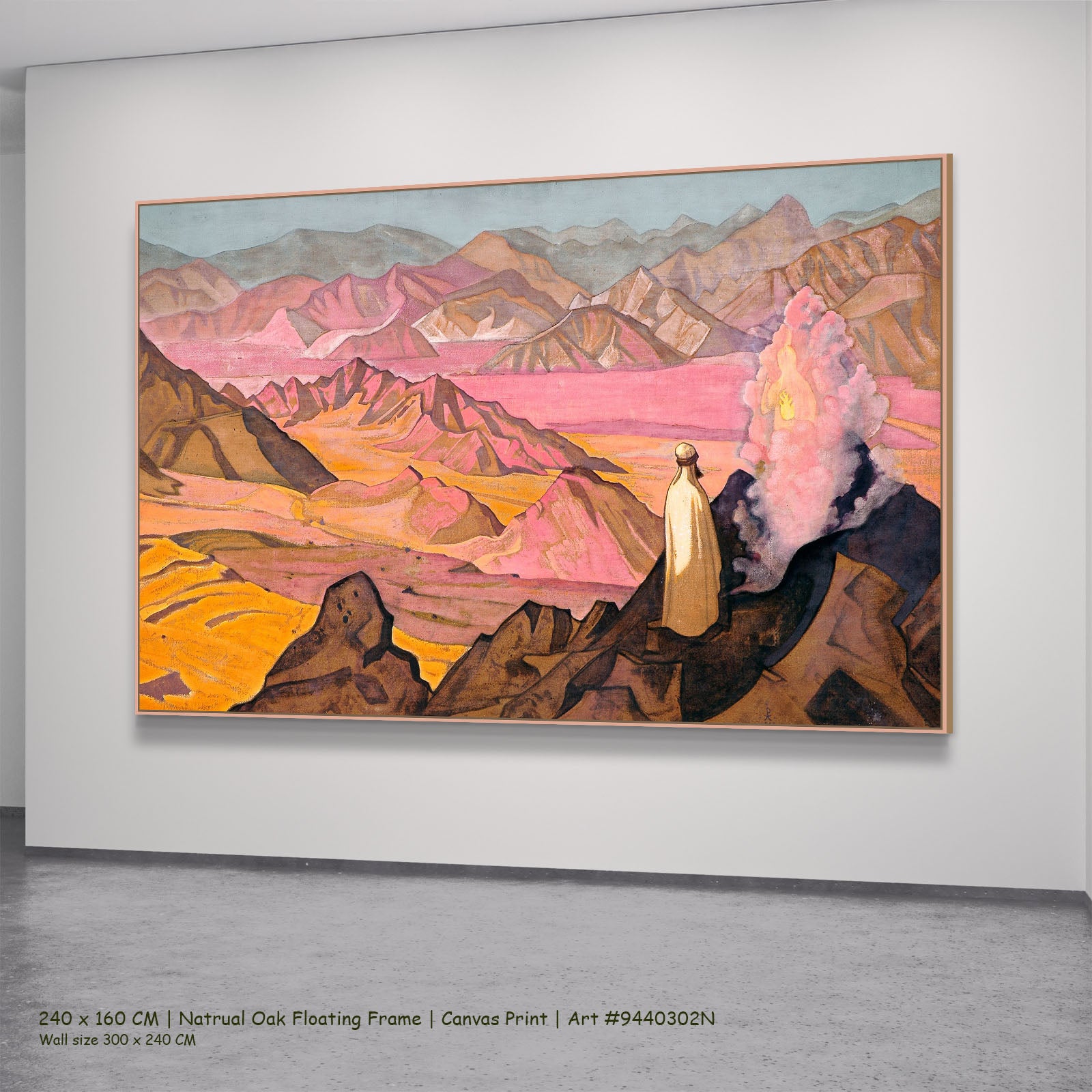 Mohammed the Prophet by Nicholas Roerich in a natural oak floating frame, large pink and orange Symbolist canvas