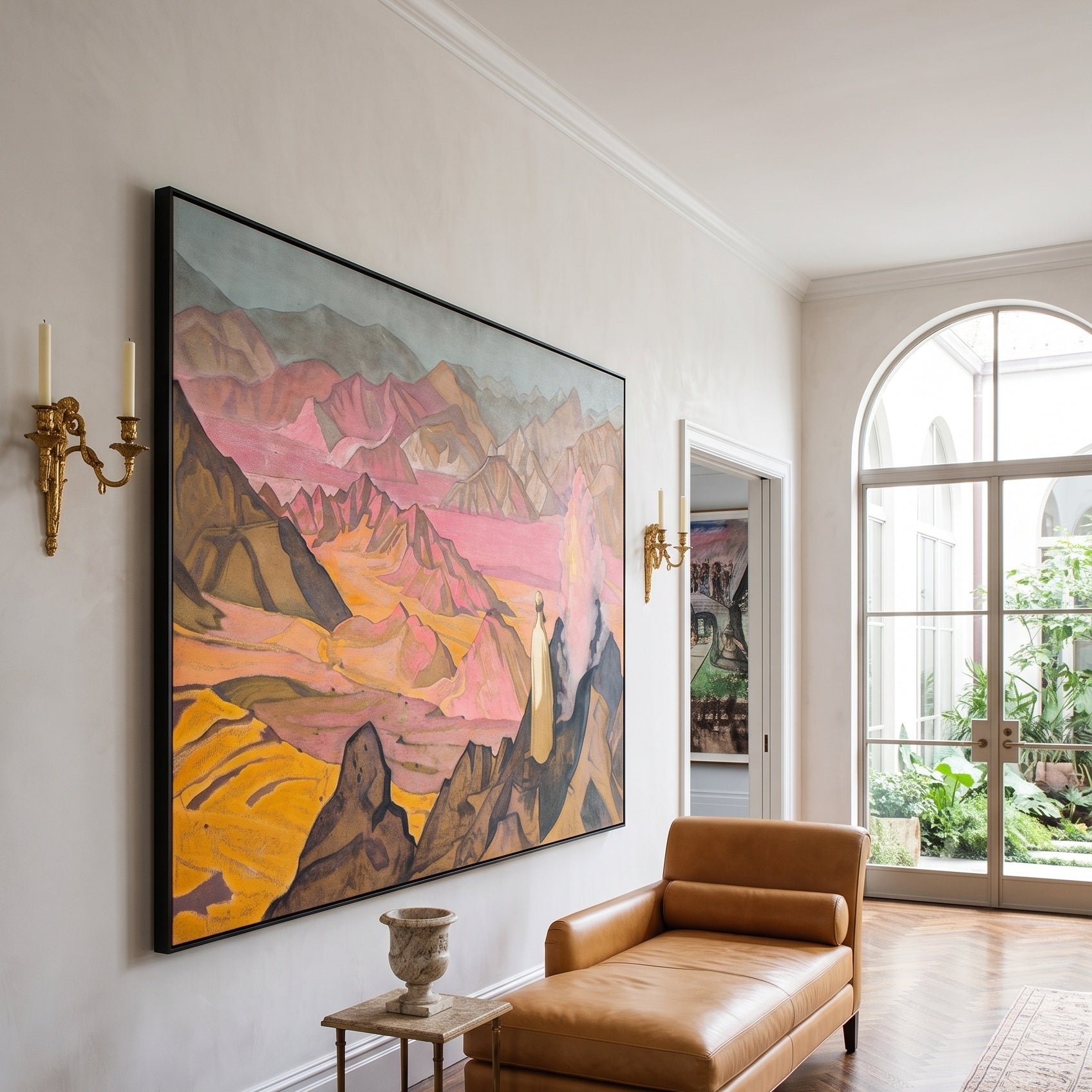 Mohammed the Prophet by Nicholas Roerich — large pink and orange Symbolist canvas art on a hallway wall