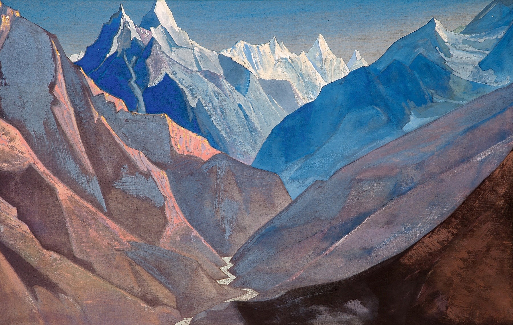 Large blue and brown Symbolist canvas print of Mount "M" by Nicholas Roerich