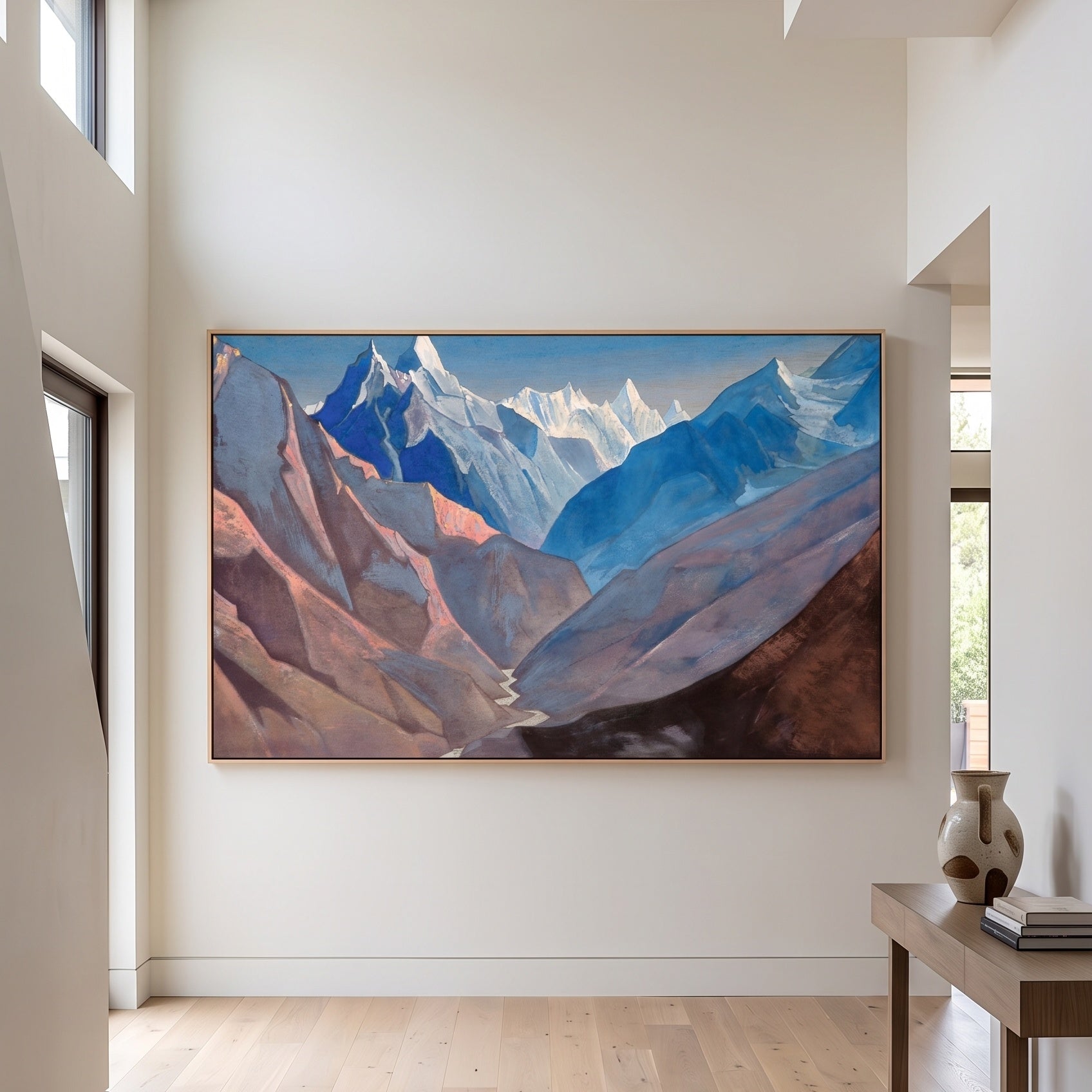 Mount "M" by Nicholas Roerich — large blue and brown Symbolist canvas art on a entryway wall