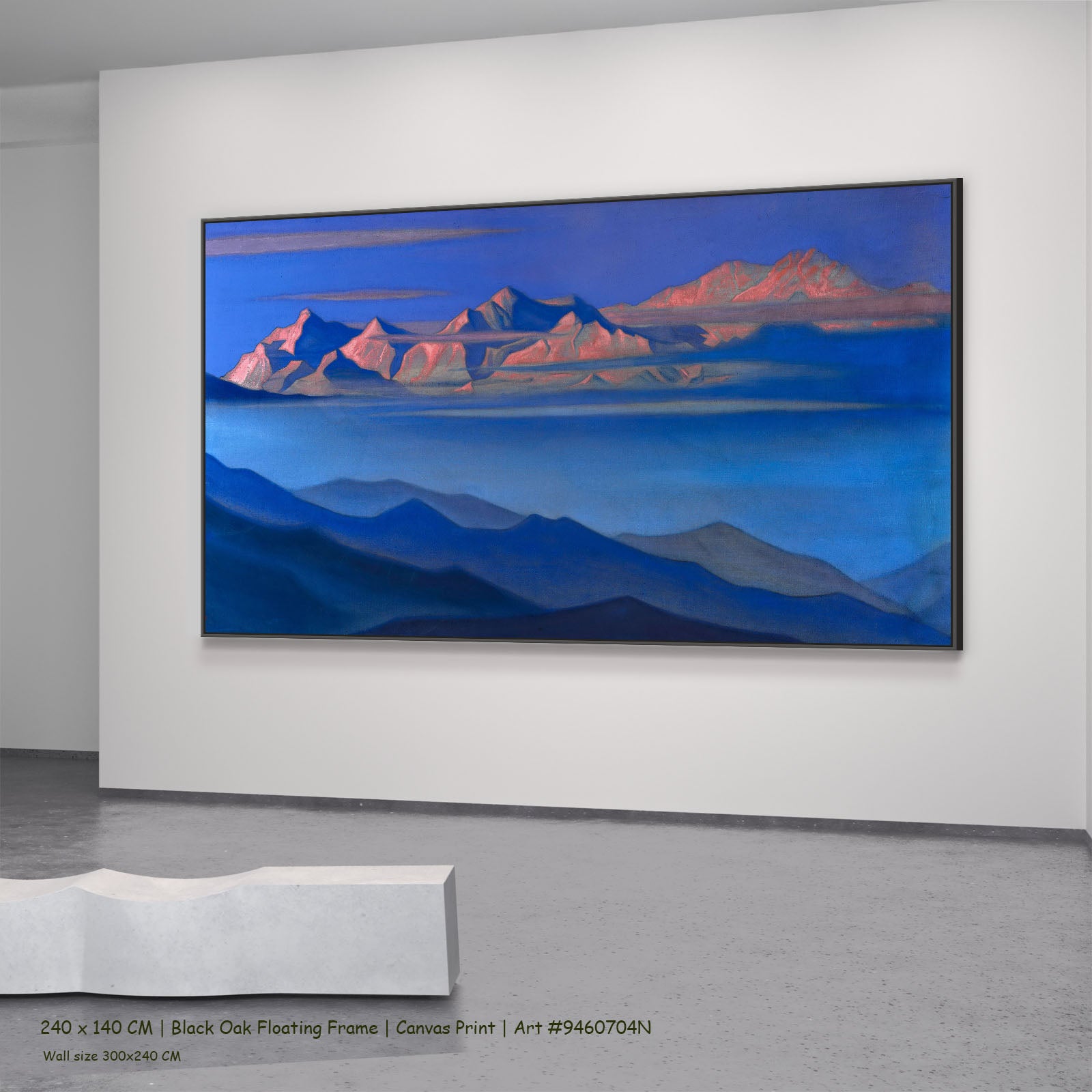 Kanchenjunga by Nicholas Roerich in a black oak floating frame, large blue and pink Himalayan Mountain canvas