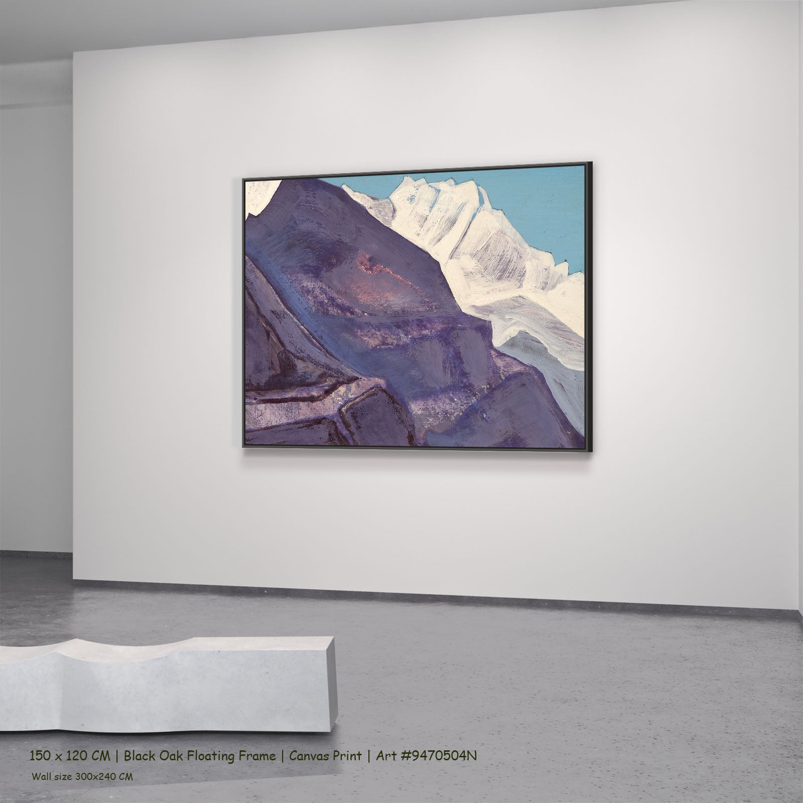 Study of Mountains by Nicholas Roerich in a black oak floating frame, large purple and white Himalayan Mountain canvas