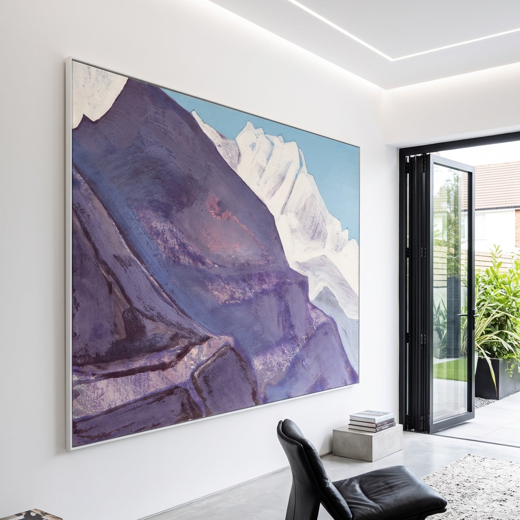 Study of Mountains by Nicholas Roerich — large purple and white Himalayan Mountain canvas art on a living room wall