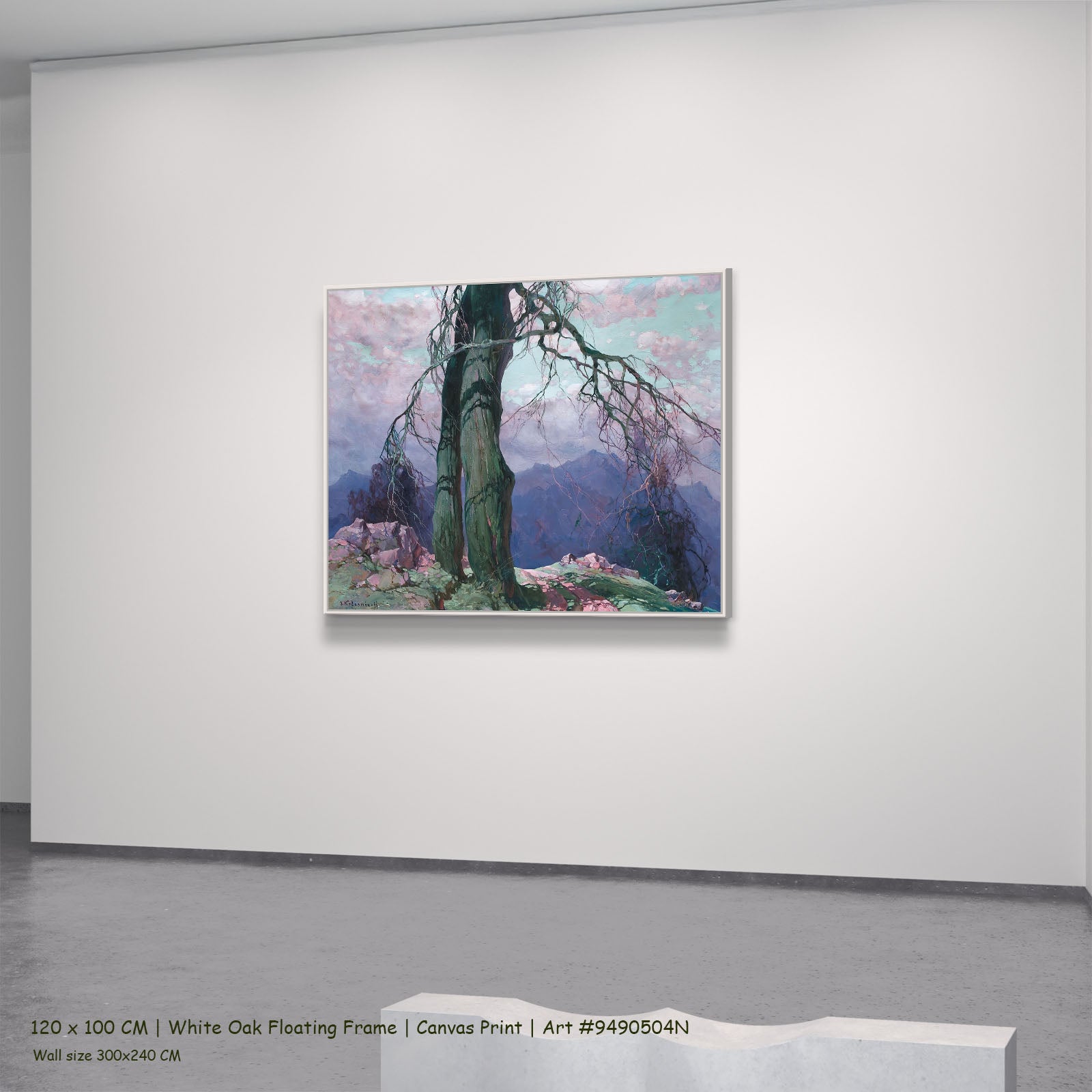 Weathered Tree on a Mountain Ridge by Stepan Kolesnikoff in a white oak floating frame, large green and pink Impressionist ca