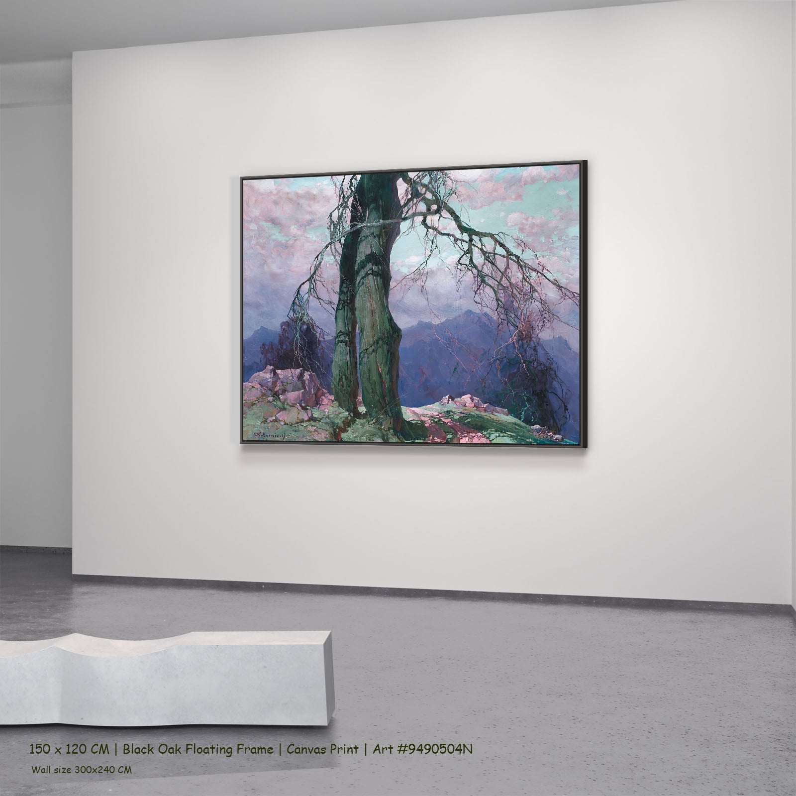 Weathered Tree on a Mountain Ridge by Stepan Kolesnikoff in a black oak floating frame, large green and pink Impressionist ca