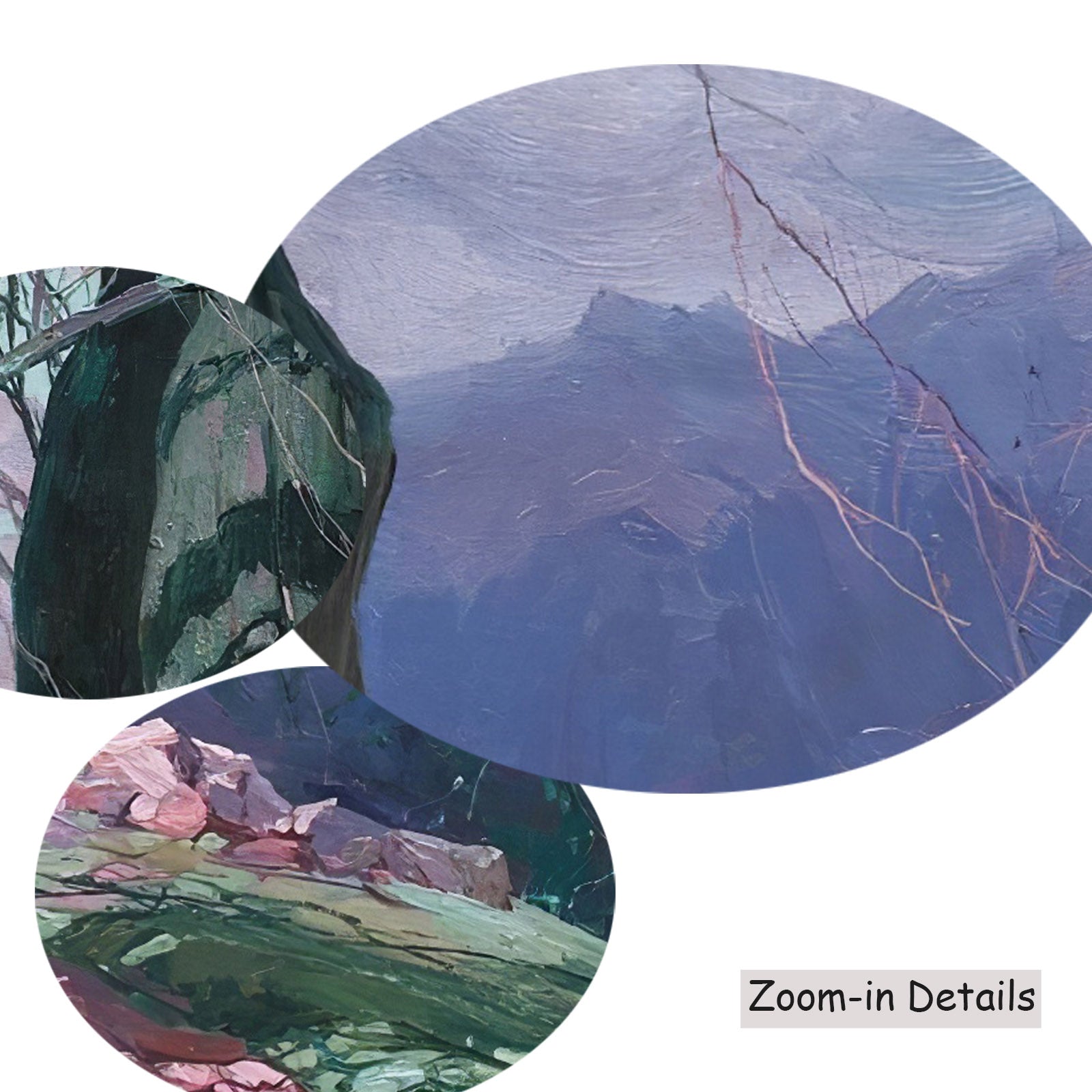 Close-up detail of the brushwork on Weathered Tree on a Mountain Ridge, a large green and pink Impressionist canvas by Stepan