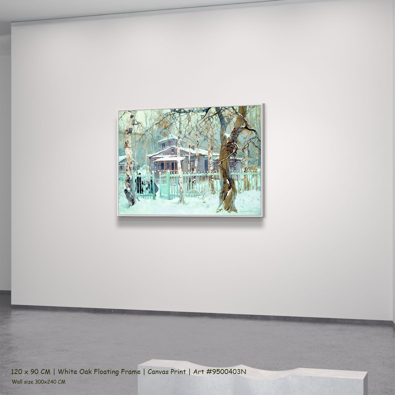 Winter House Behind a Green Fence by Stepan Kolesnikoff in a white oak floating frame, large aqua and white Impressionist can