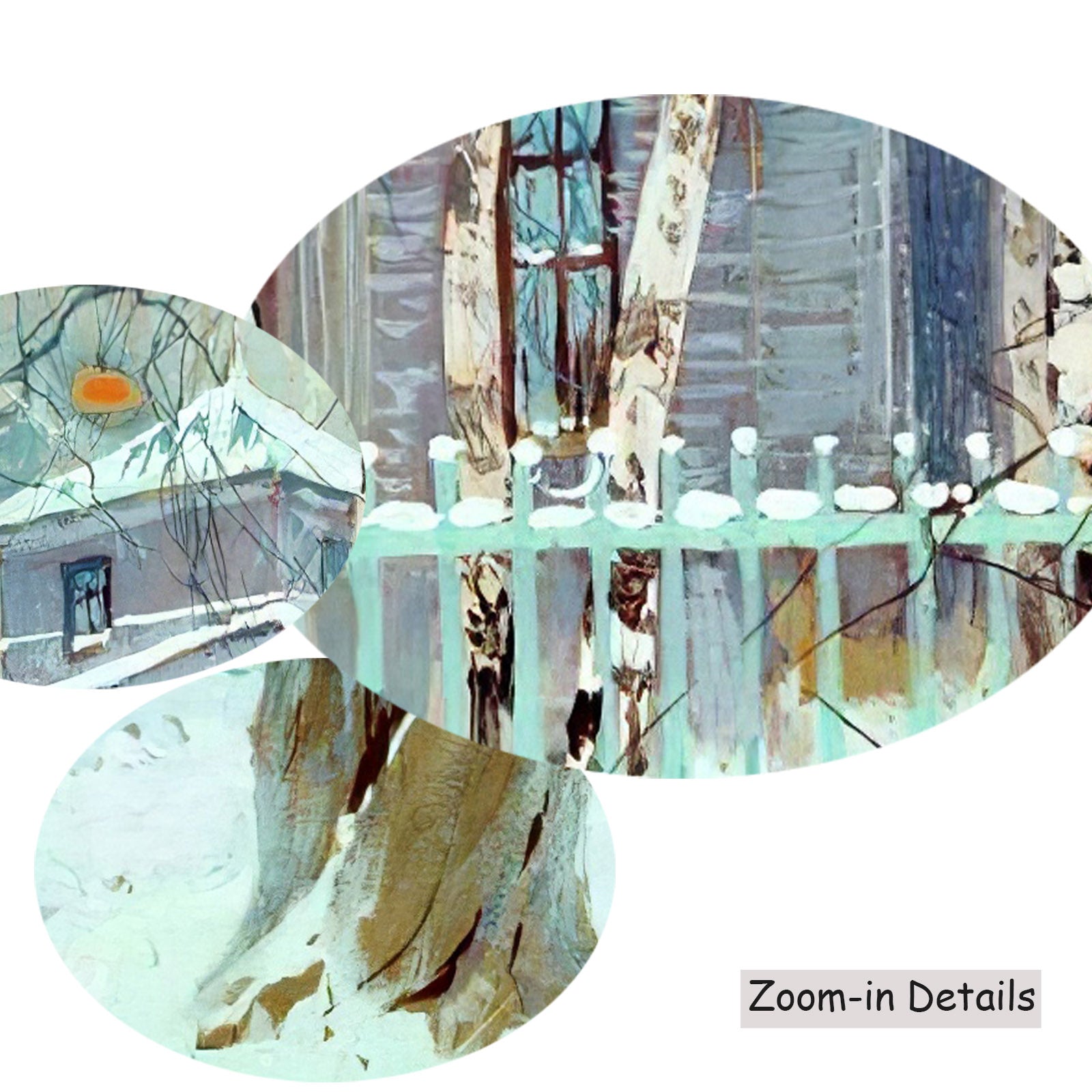 Close-up detail of the brushwork on Winter House Behind a Green Fence, a large aqua and white Impressionist canvas by Stepan