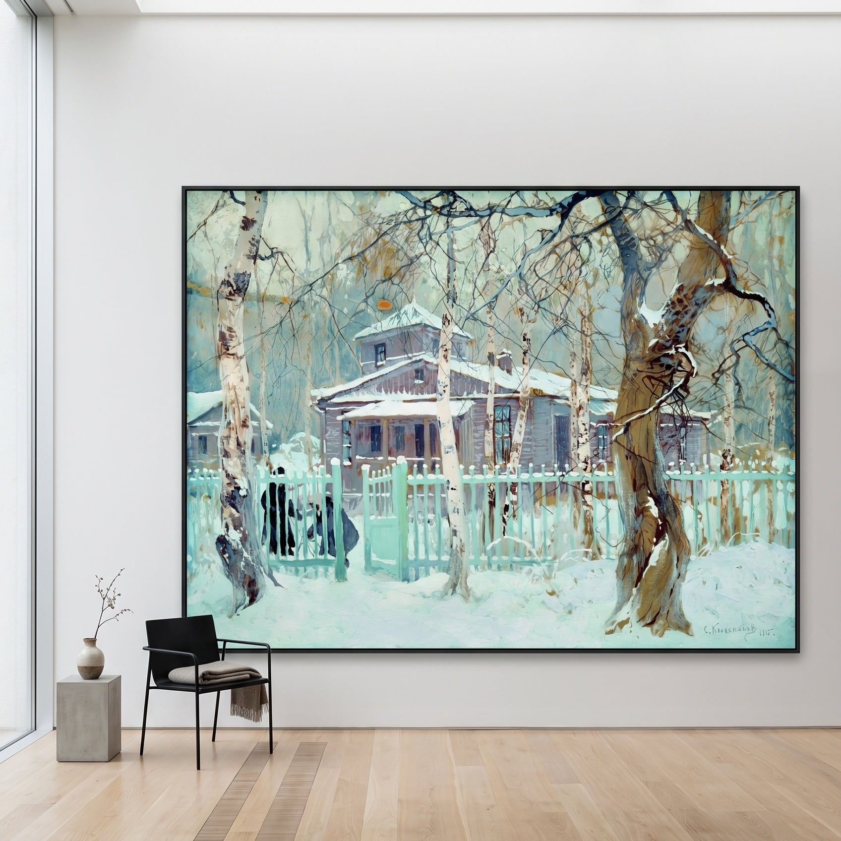 Winter House Behind a Green Fence by Stepan Kolesnikoff — large aqua and white Impressionist canvas art on a hallway wall