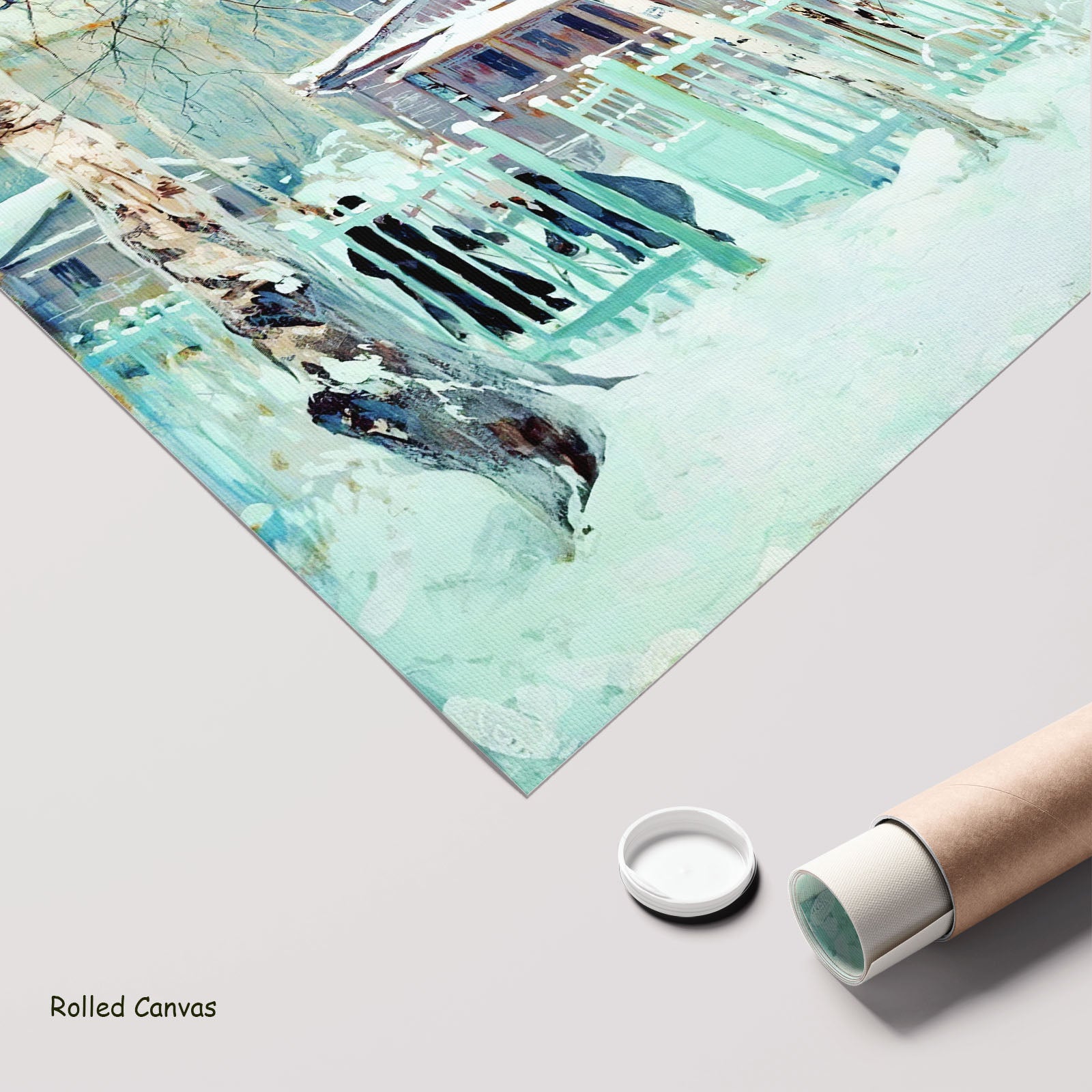 Winter House Behind a Green Fence by Stepan Kolesnikoff as a large rolled aqua and white Impressionist canvas print