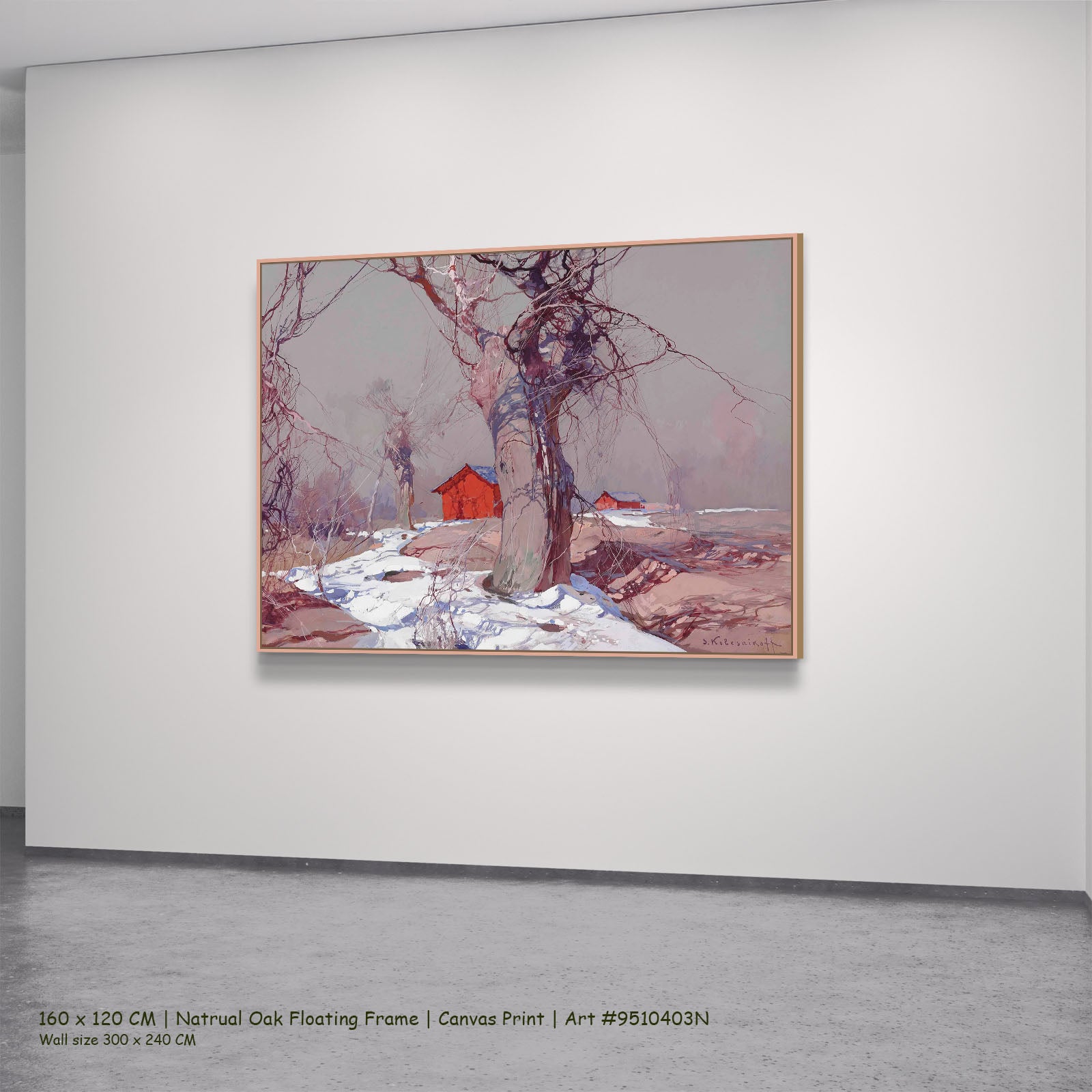 Early Spring by Stepan Kolesnikoff in a natural oak floating frame, large red and grey Impressionist canvas