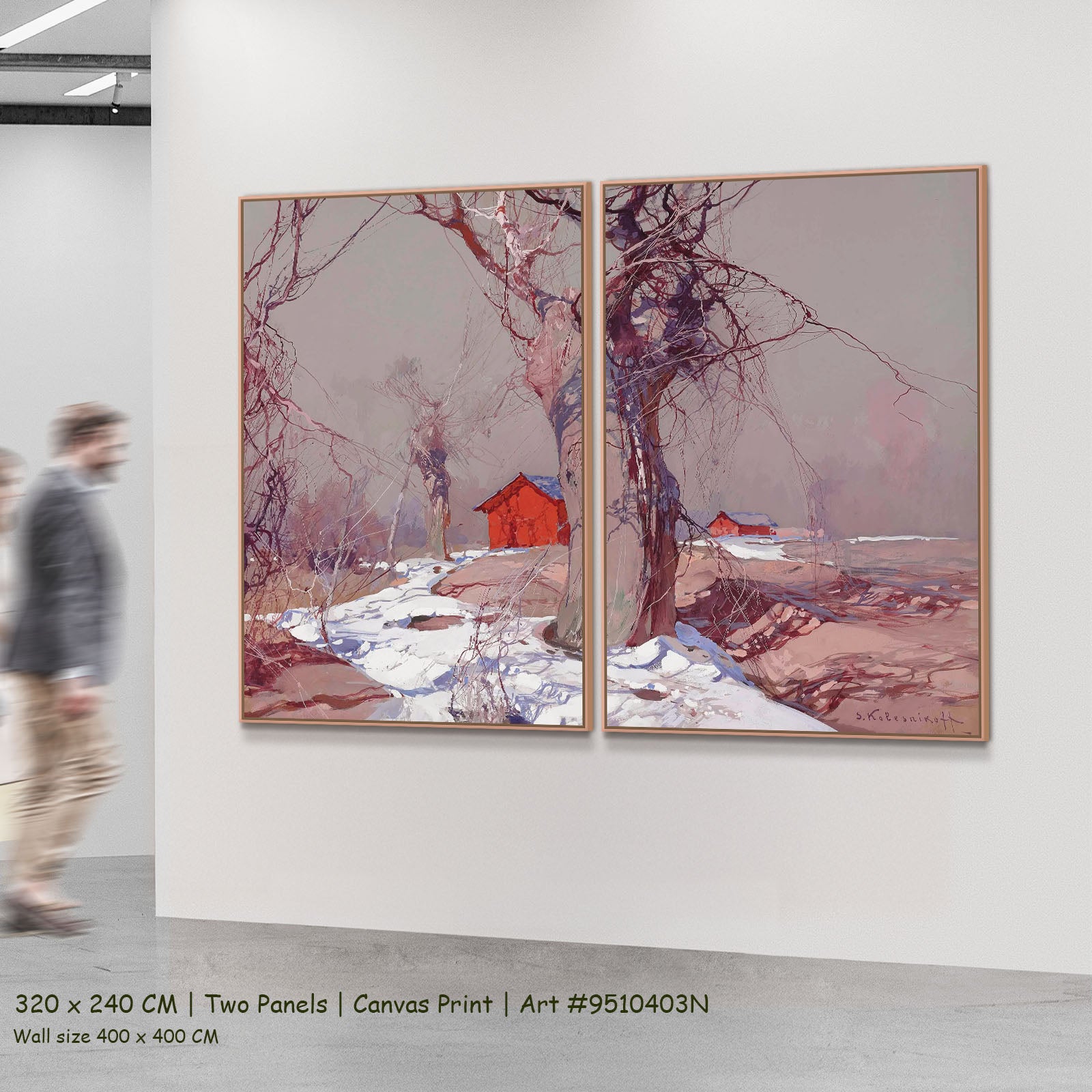 Early Spring by Stepan Kolesnikoff as a large two-panel red and grey Impressionist canvas set