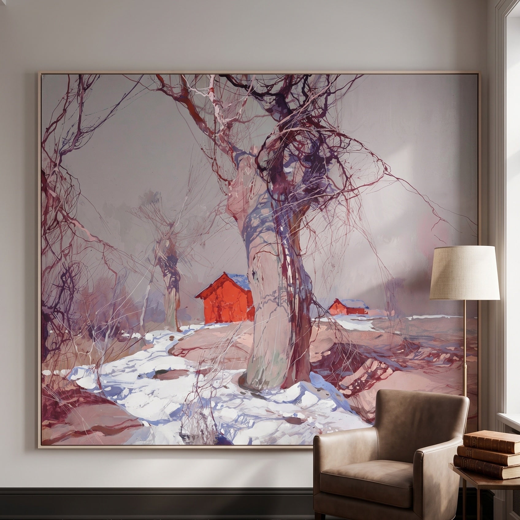 Early Spring by Stepan Kolesnikoff — large red and grey Impressionist canvas art on a hallway wall
