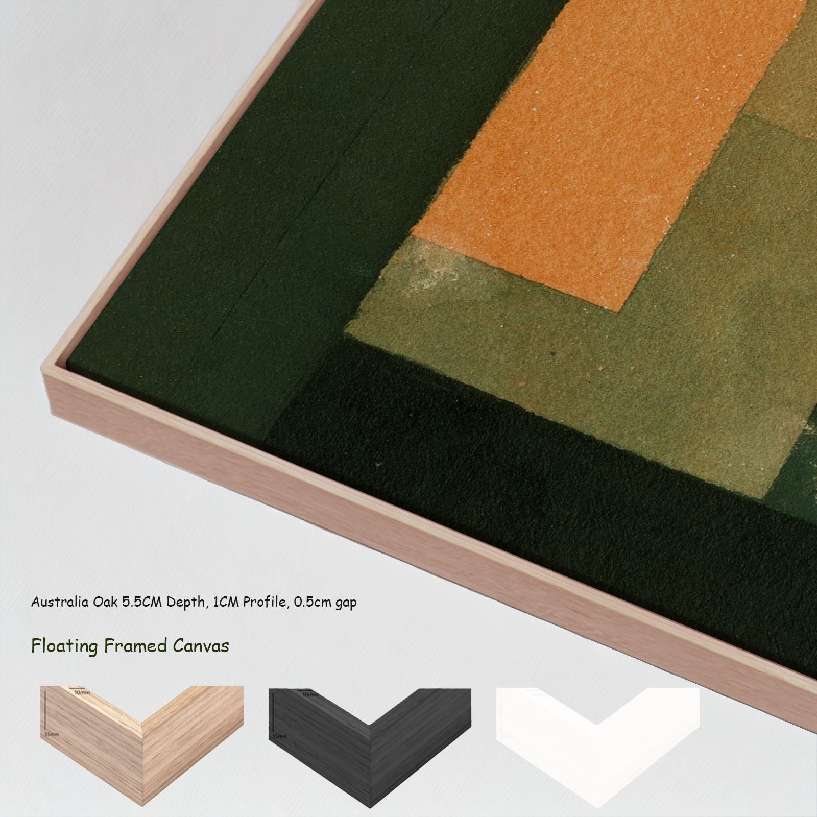 Green and Orange Composition by Paul Klee in a floating frame, large green and orange Modern Abstract canvas print