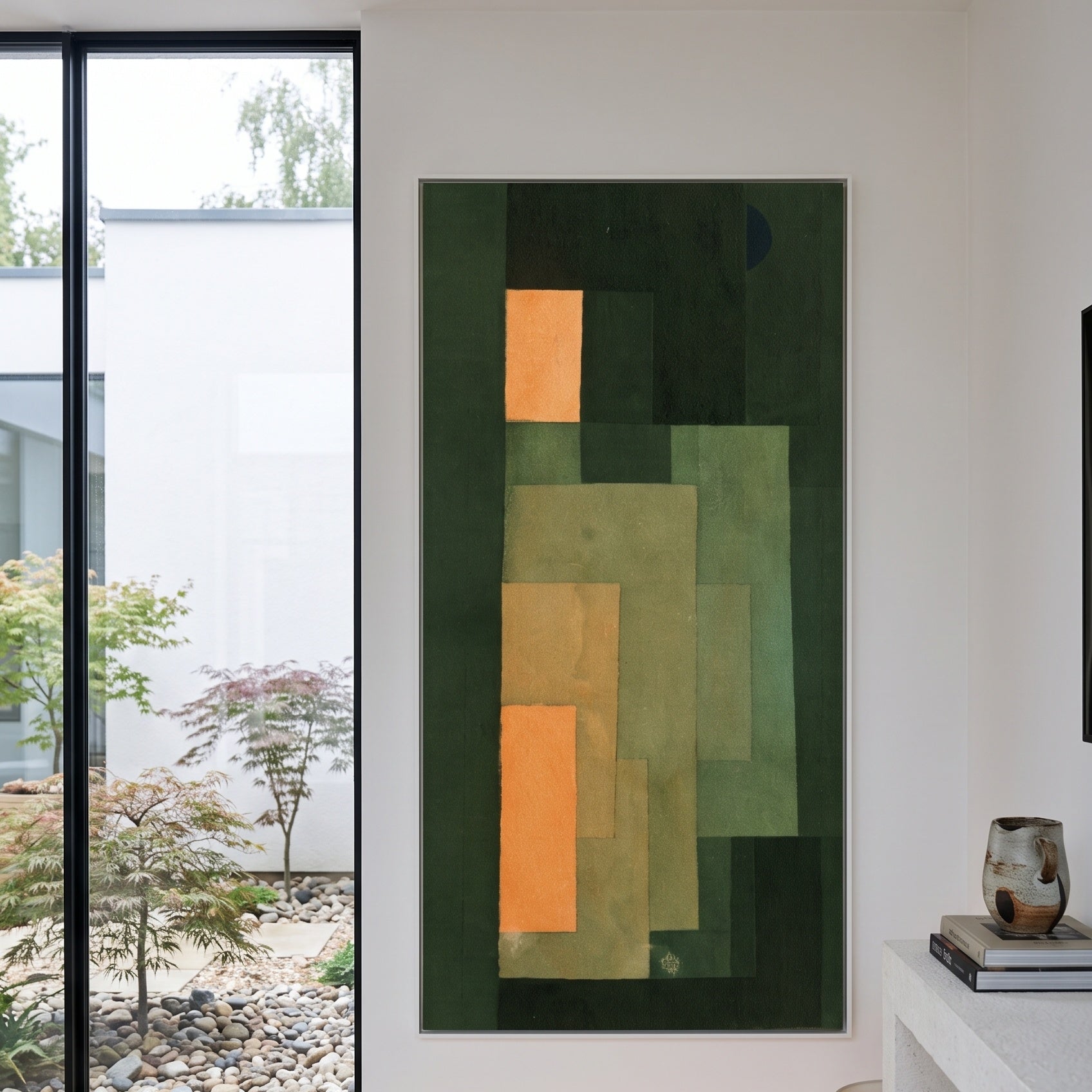 Green and Orange Composition by Paul Klee — large green and orange Modern Abstract canvas art on a entryway wall