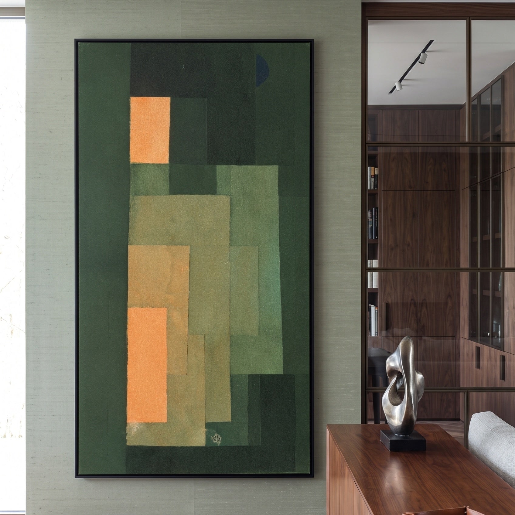Green and Orange Composition by Paul Klee — large green and orange Modern Abstract canvas art on a entryway wall