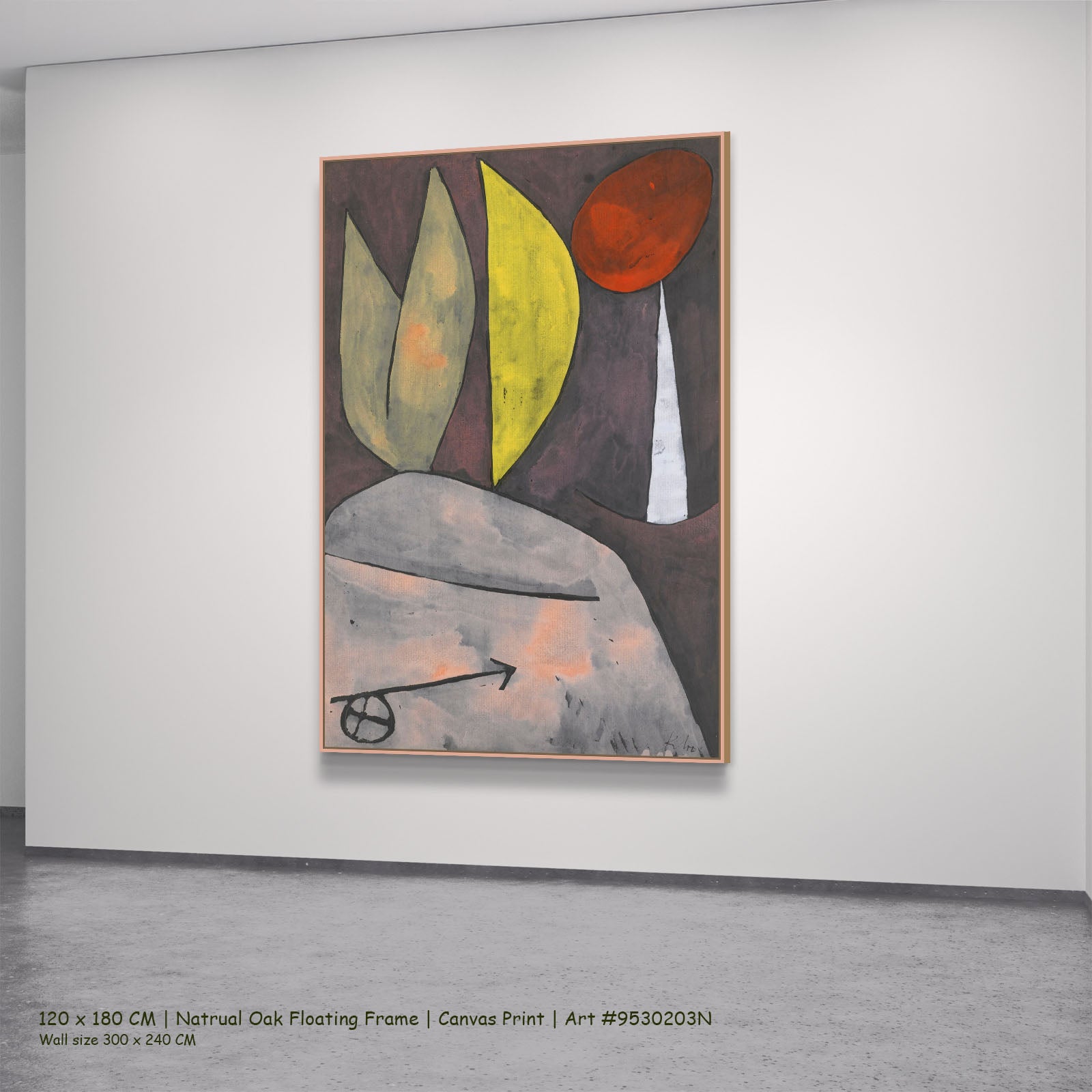 Leaves and Red Fruit by Paul Klee in a natural oak floating frame, large purple and yellow Abstract canvas