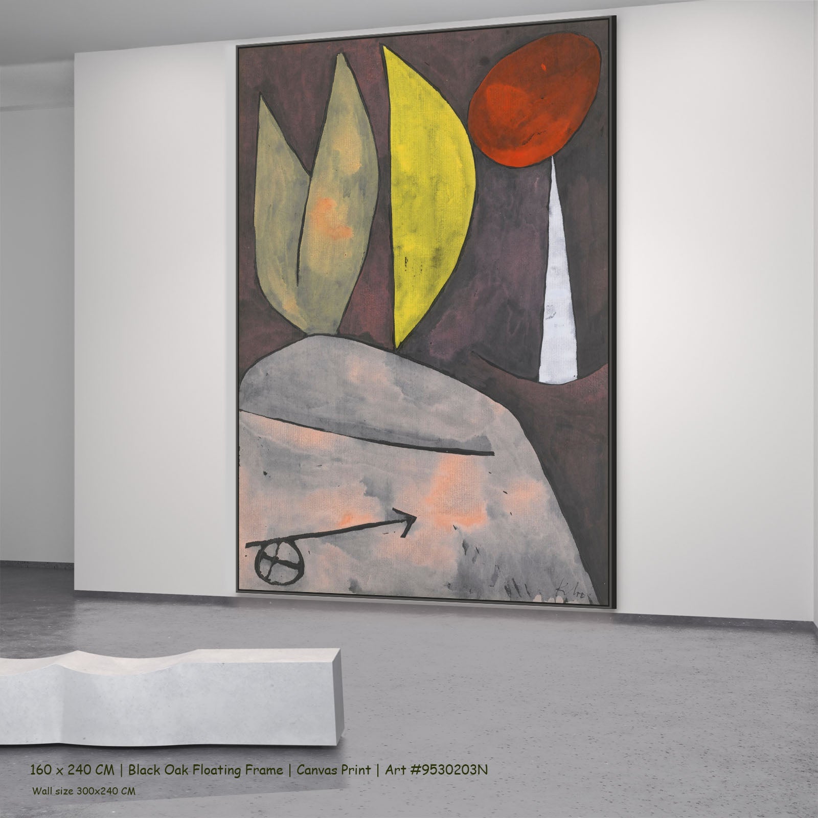 Leaves and Red Fruit by Paul Klee in a black oak floating frame, large purple and yellow Abstract canvas