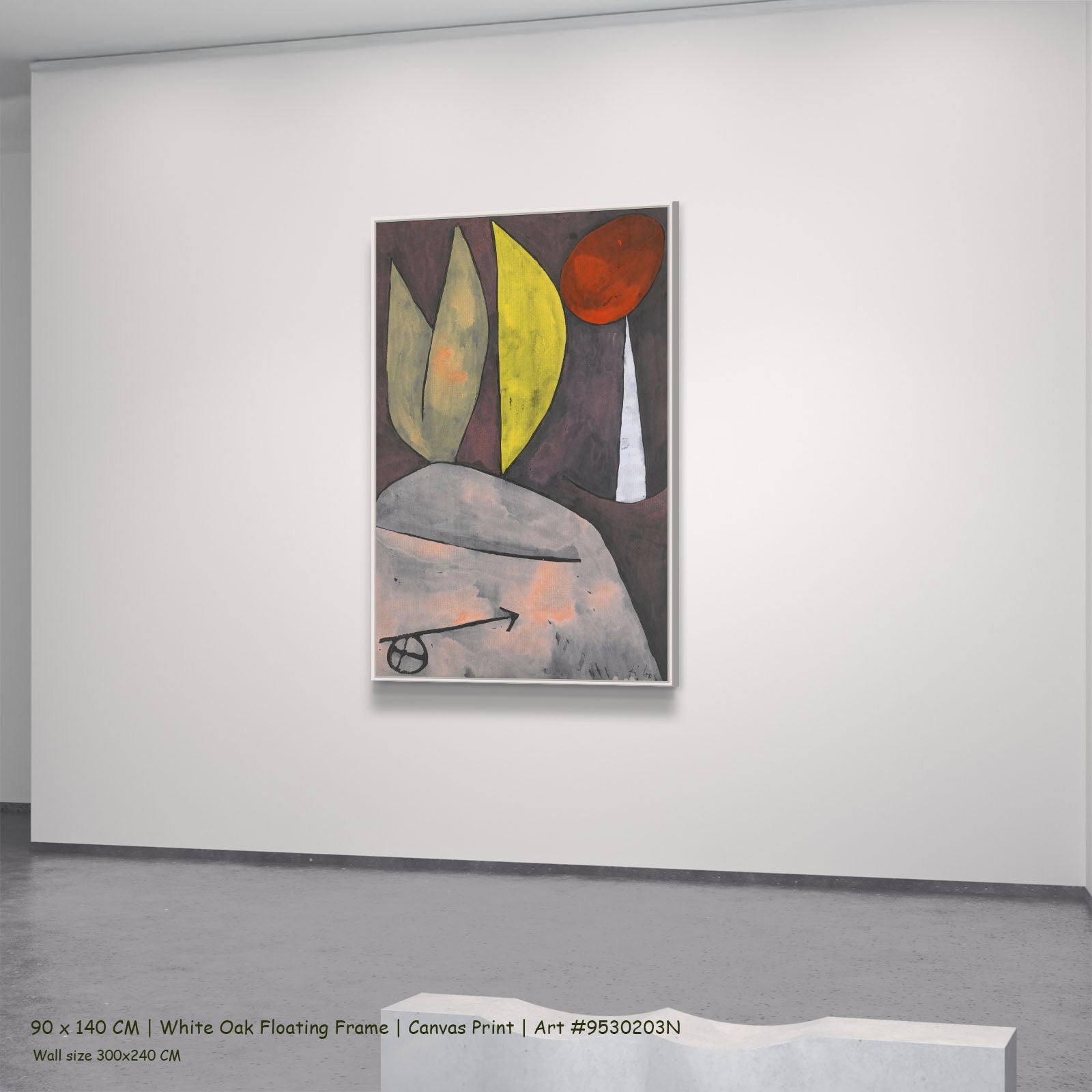 Leaves and Red Fruit by Paul Klee in a white oak floating frame, large purple and yellow Abstract canvas