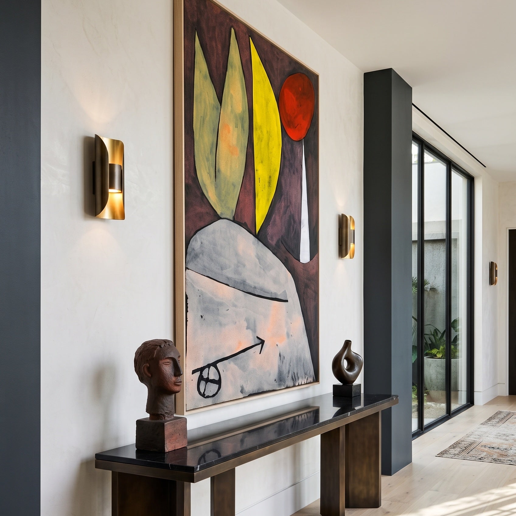 Leaves and Red Fruit by Paul Klee — large purple and yellow Abstract canvas art on a hallway wall