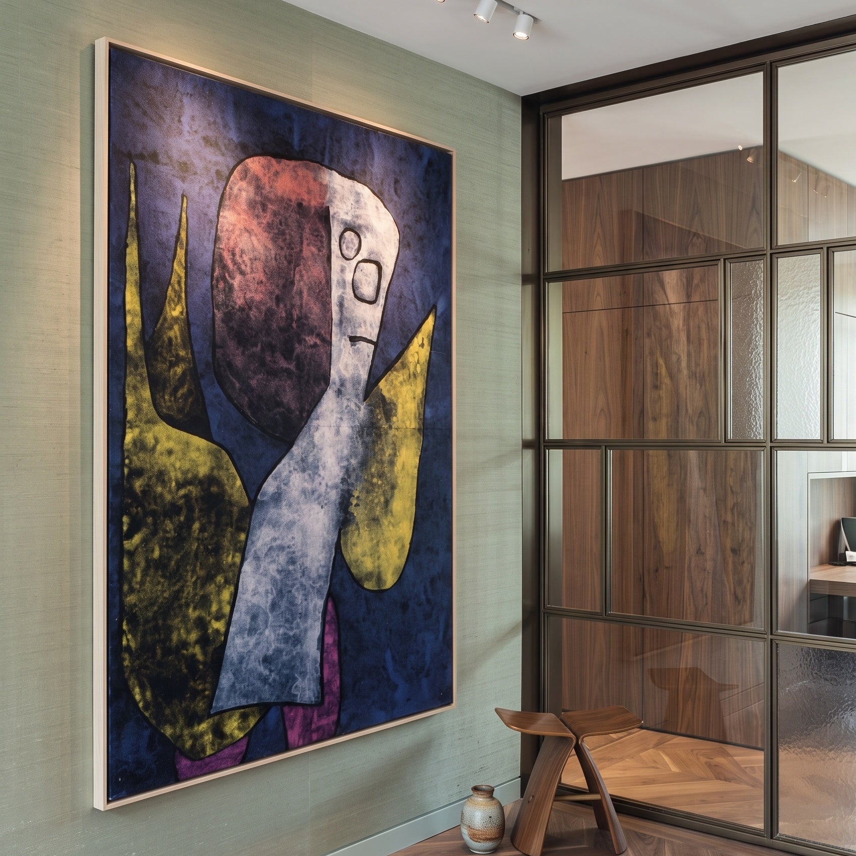 Angelus Militans by Paul Klee — large blue and yellow Geometric Abstract canvas art on a entryway wall