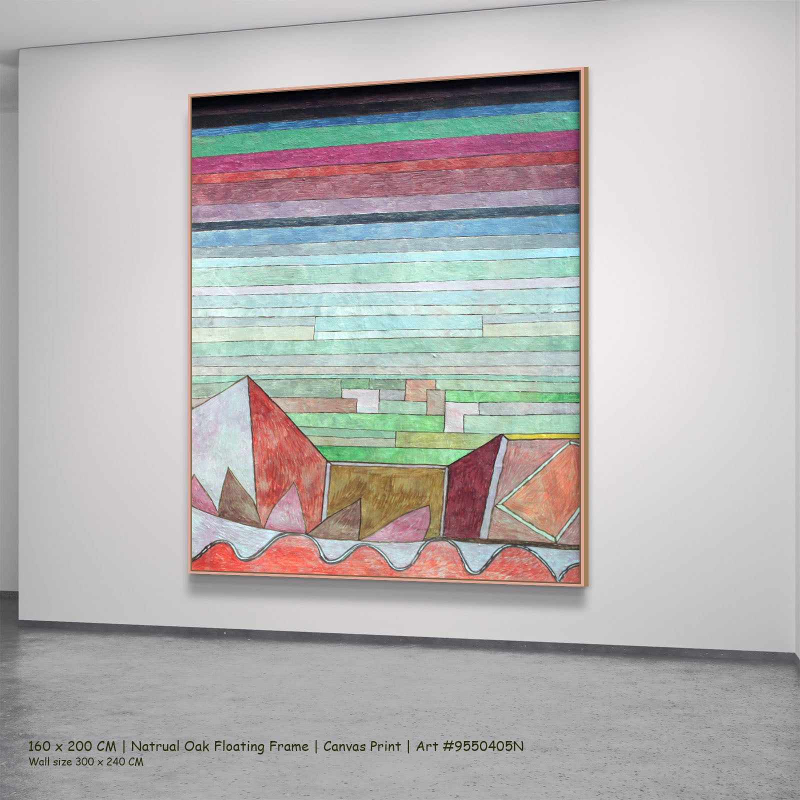 Striped Landscape with Mountains by Paul Klee in a natural oak floating frame, large pink and aqua Colourful Abstract canvas