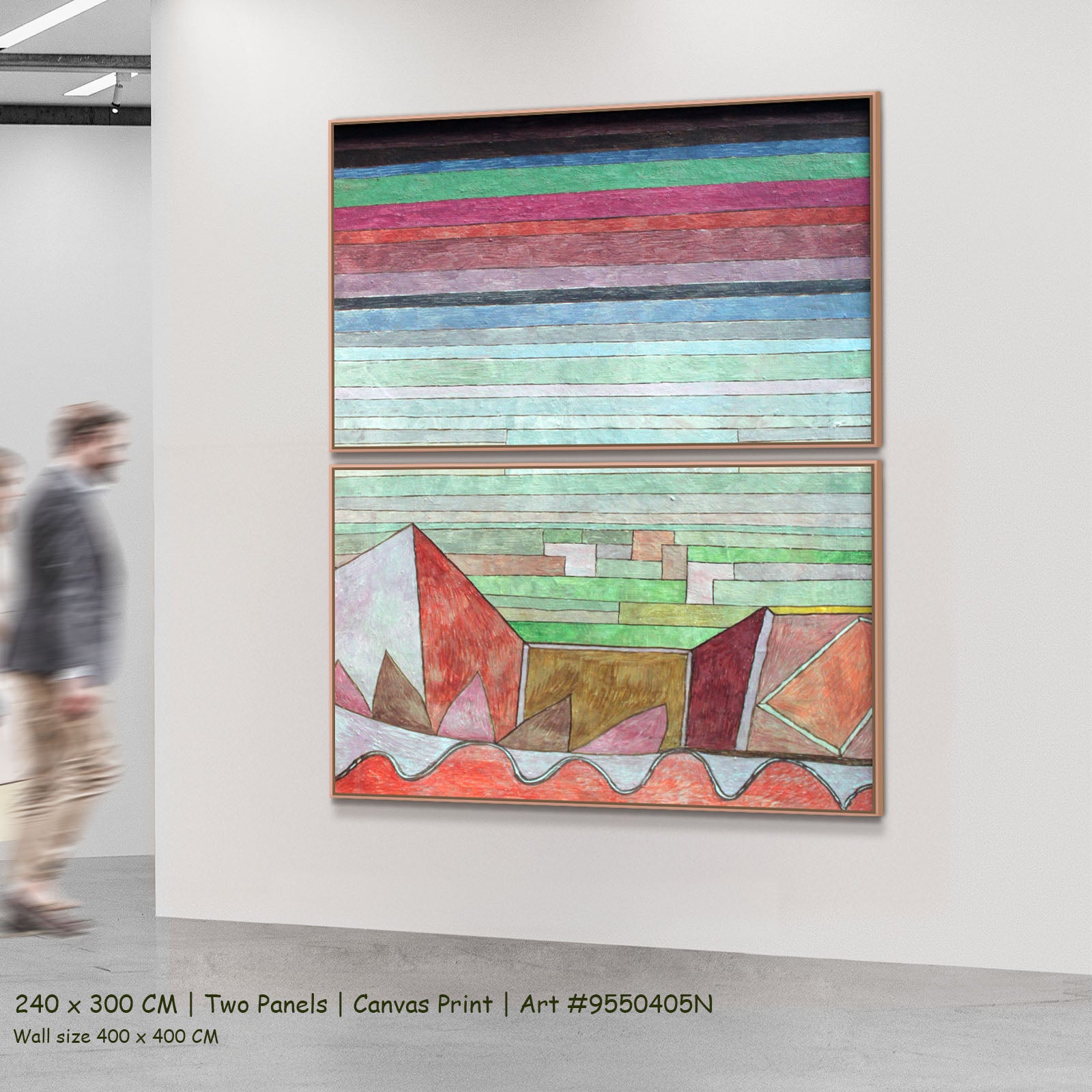 Striped Landscape with Mountains by Paul Klee as a large two-panel pink and aqua Colourful Abstract canvas set