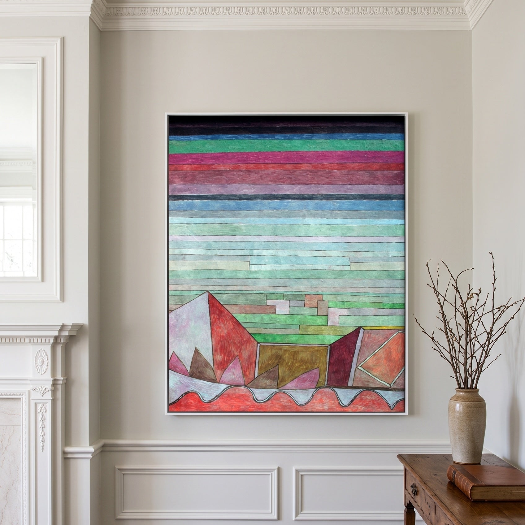 Striped Landscape with Mountains by Paul Klee — large pink and aqua Colourful Abstract canvas art on a hallway wall