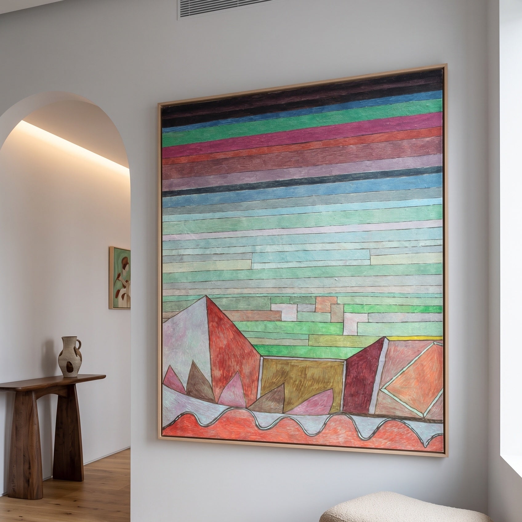 Striped Landscape with Mountains by Paul Klee — large pink and aqua Colourful Abstract canvas art on a living room wall