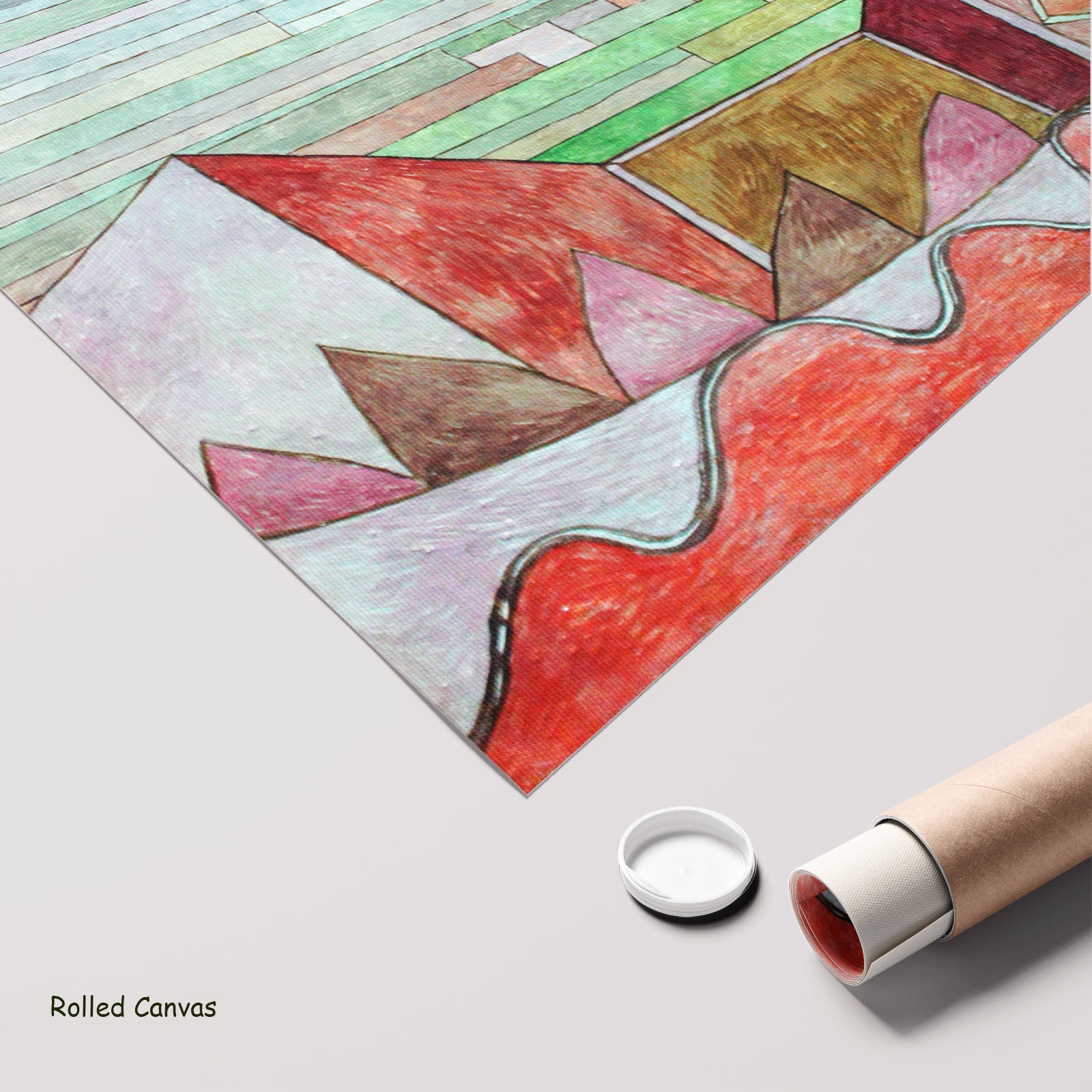 Striped Landscape with Mountains by Paul Klee as a large rolled pink and aqua Colourful Abstract canvas print