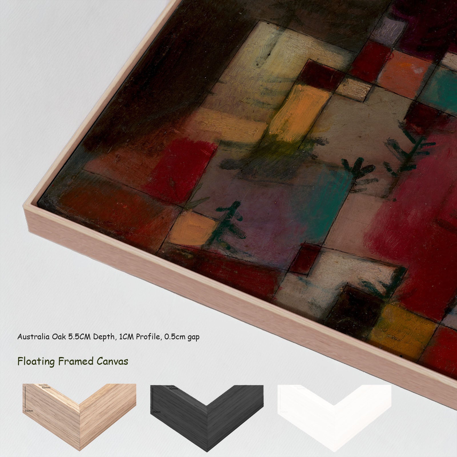 Redgreen and Violet-Yellow Rhythms by Paul Klee in a floating frame, large red and green Modern Abstract canvas print