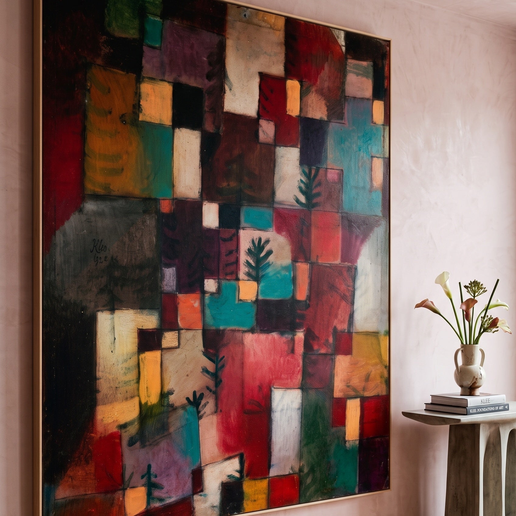Redgreen and Violet-Yellow Rhythms by Paul Klee — large red and green Modern Abstract canvas art on a living room wall