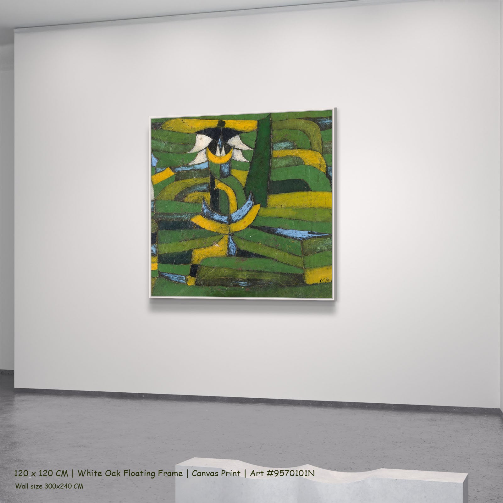 Green Plant Rhythms by Paul Klee in a white oak floating frame, large green and yellow Abstract canvas