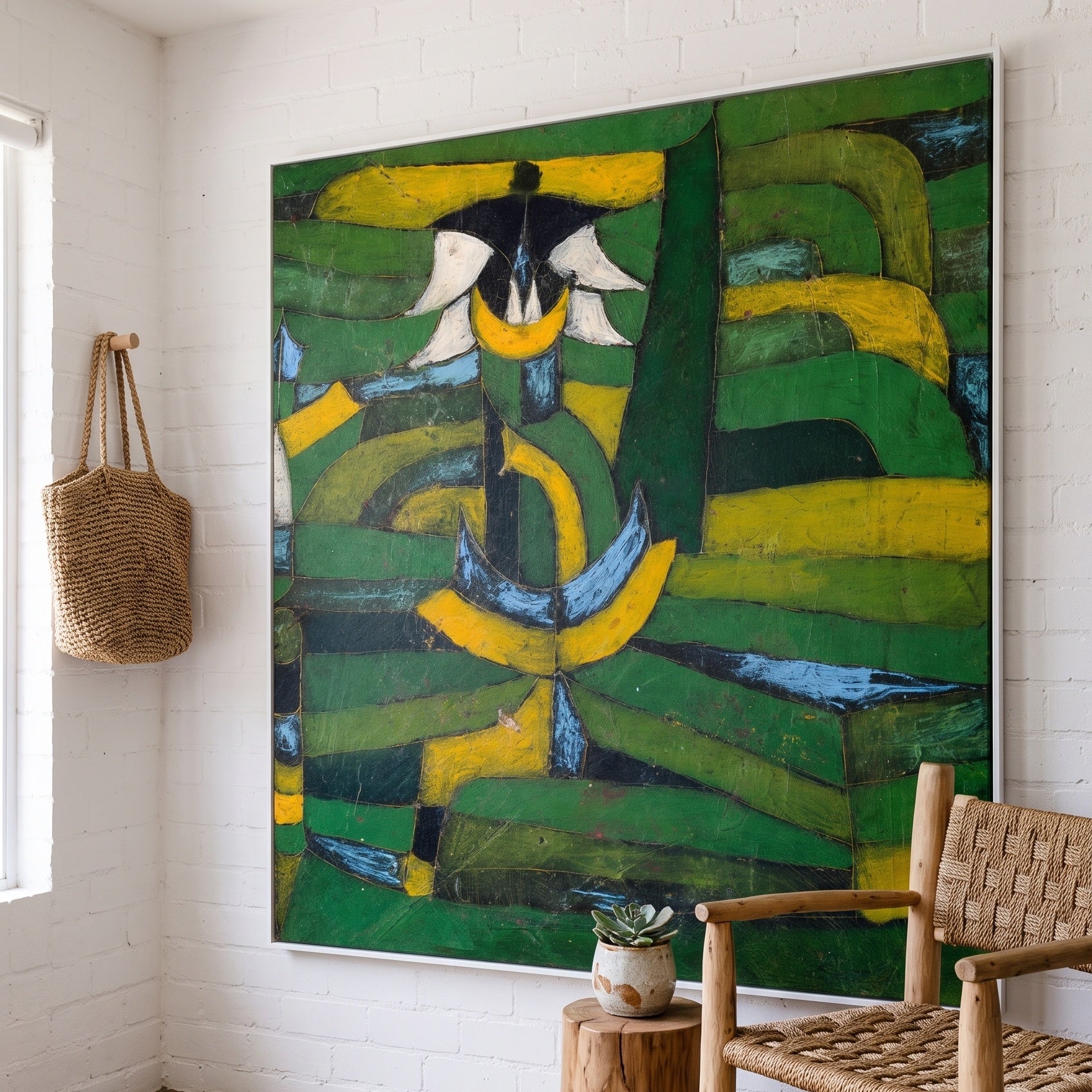 Green Plant Rhythms by Paul Klee — large green and yellow Abstract canvas art on a living room wall