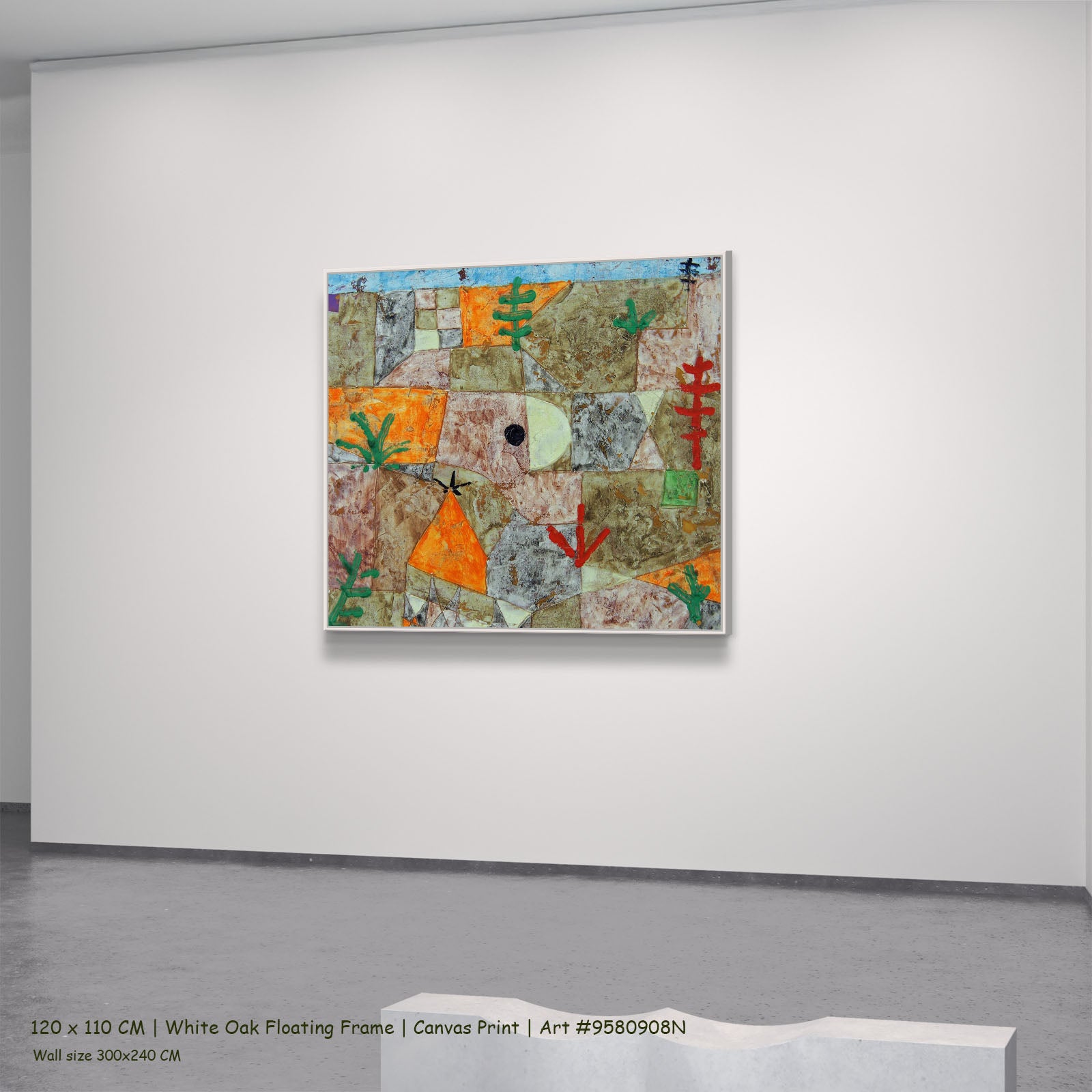 Garden with Hieroglyphs by Paul Klee in a white oak floating frame, large brown and orange Geometric Abstract canvas
