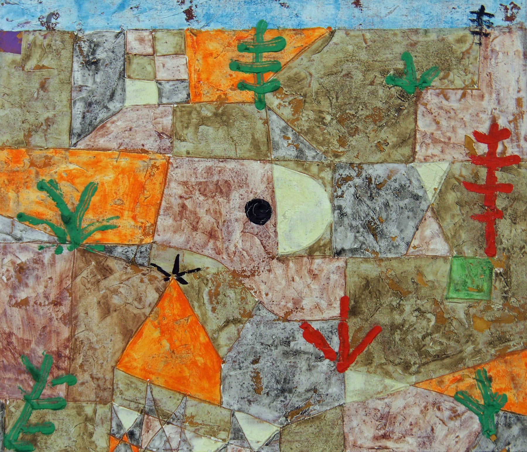 Large brown and orange Geometric Abstract canvas print of Garden with Hieroglyphs by Paul Klee