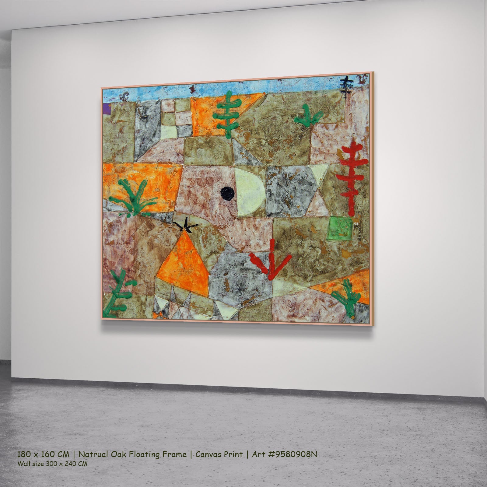 Garden with Hieroglyphs by Paul Klee in a natural oak floating frame, large brown and orange Geometric Abstract canvas